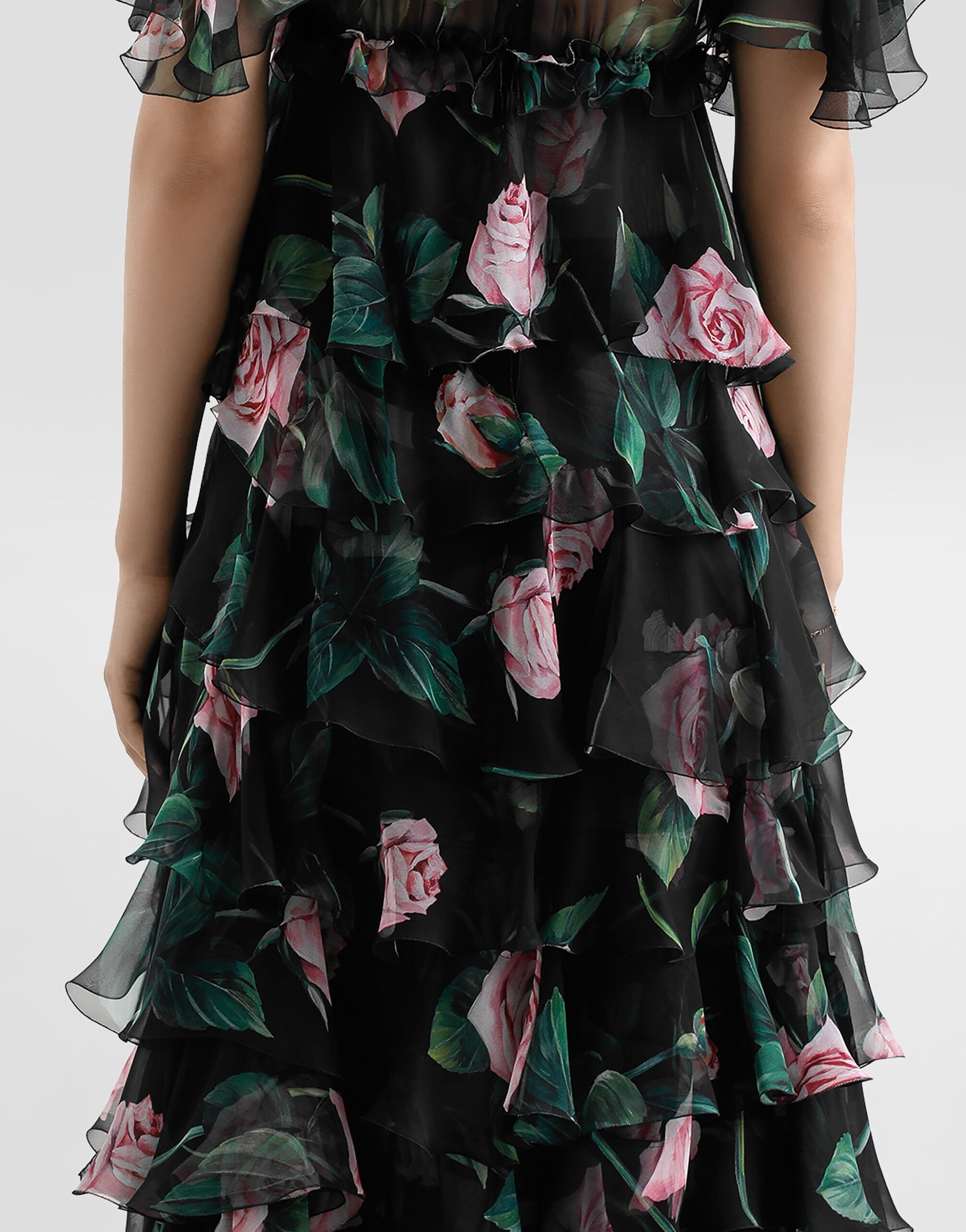 Rose-print chiffon calf-length dress with ruffles and flounces - 6
