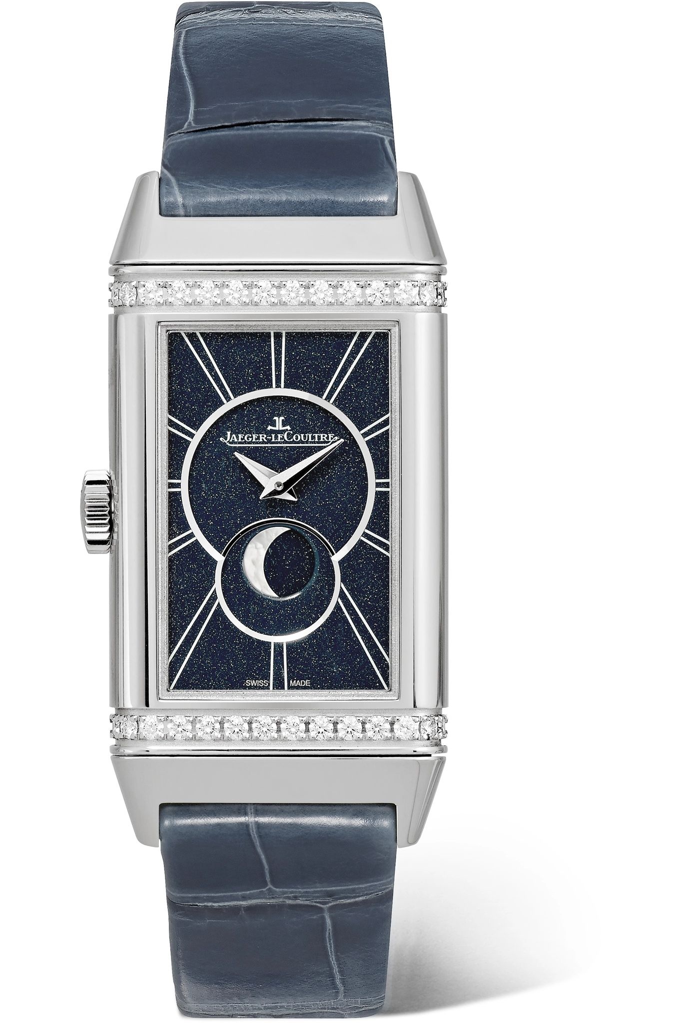 Reverso One Duetto Moon hand-wound stainless steel, diamond and alligator watch - 1