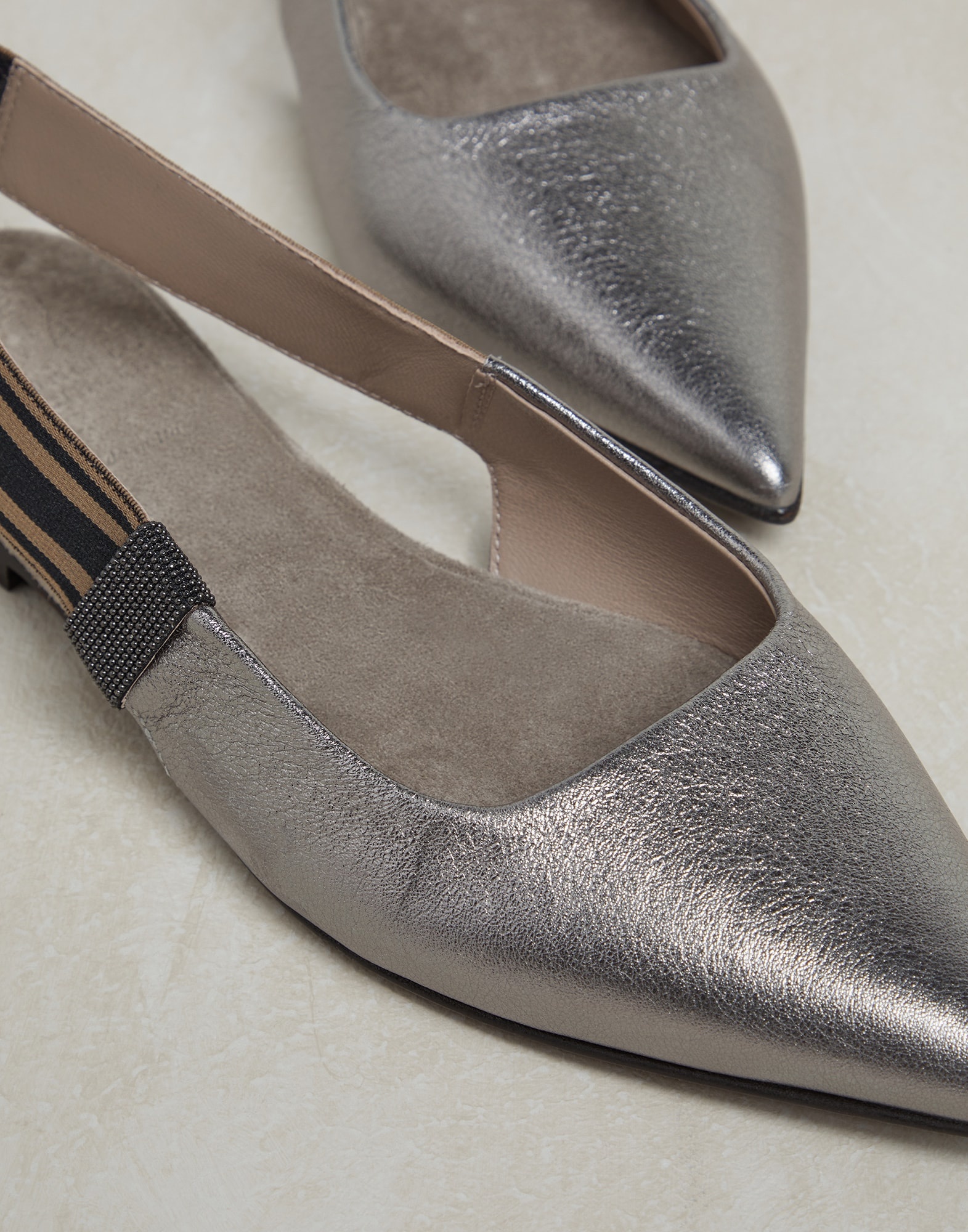 Lamé leather flats with striped strap and monili - 4