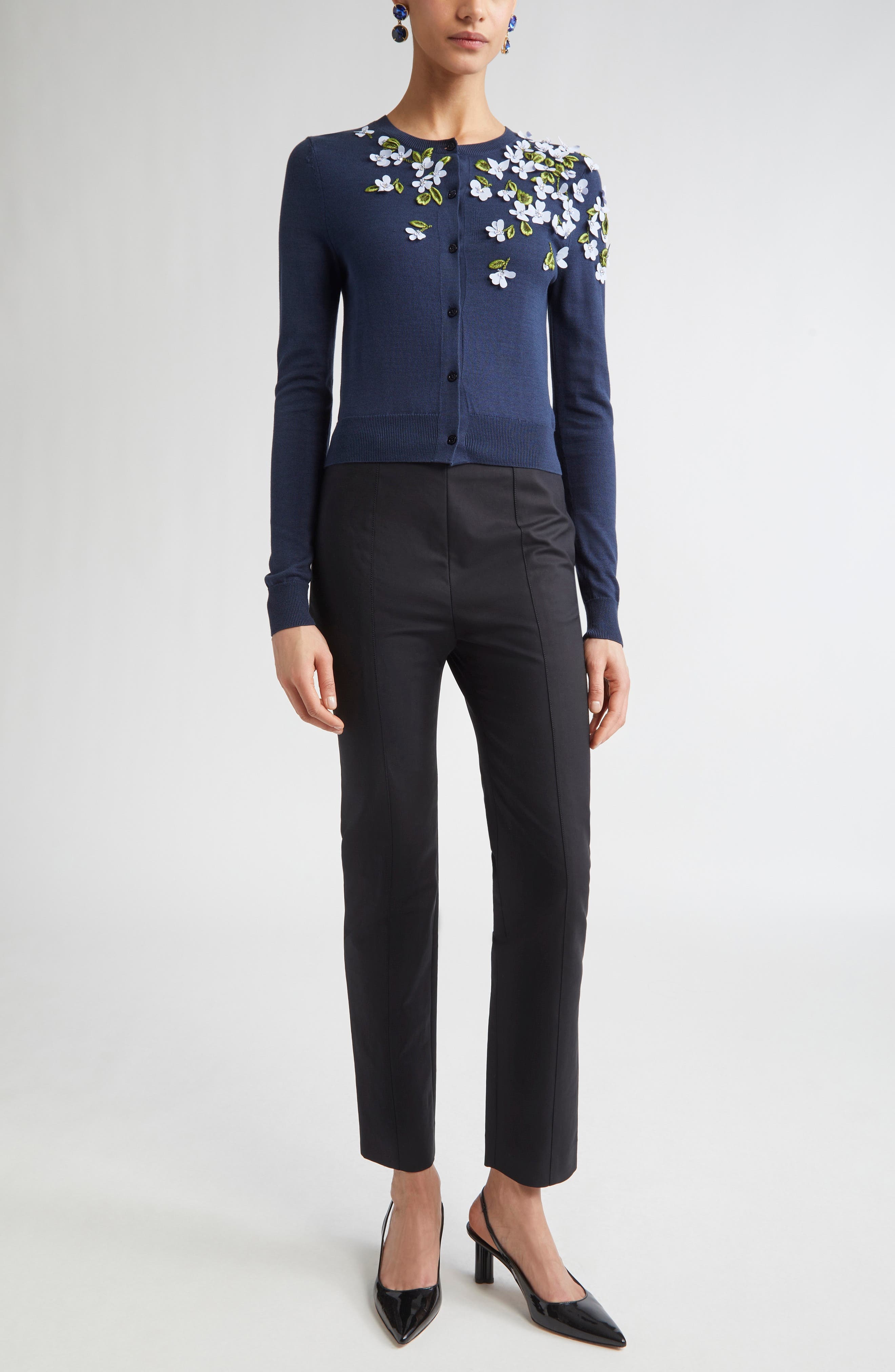 Carolina Herrera Floral Appliqué Silk & Cotton Cardigan in Midnight at Nordstrom - 2