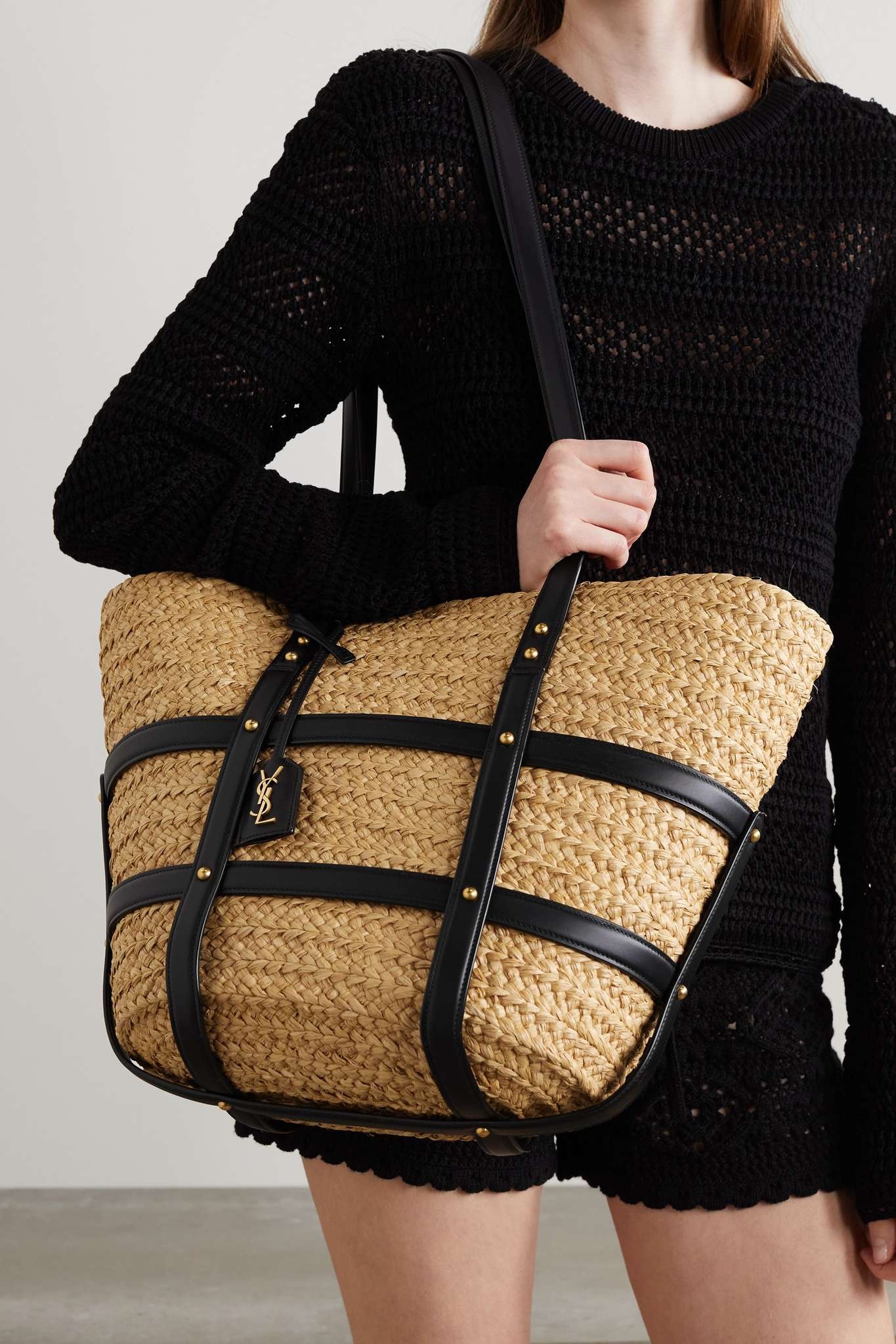 Panier studded leather-trimmed woven raffia tote - 2