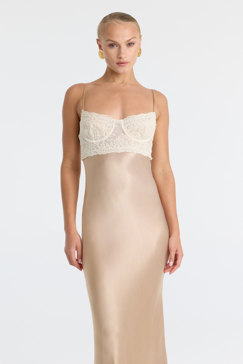Tzariana Satin Lace Midi Dress In Golden 3