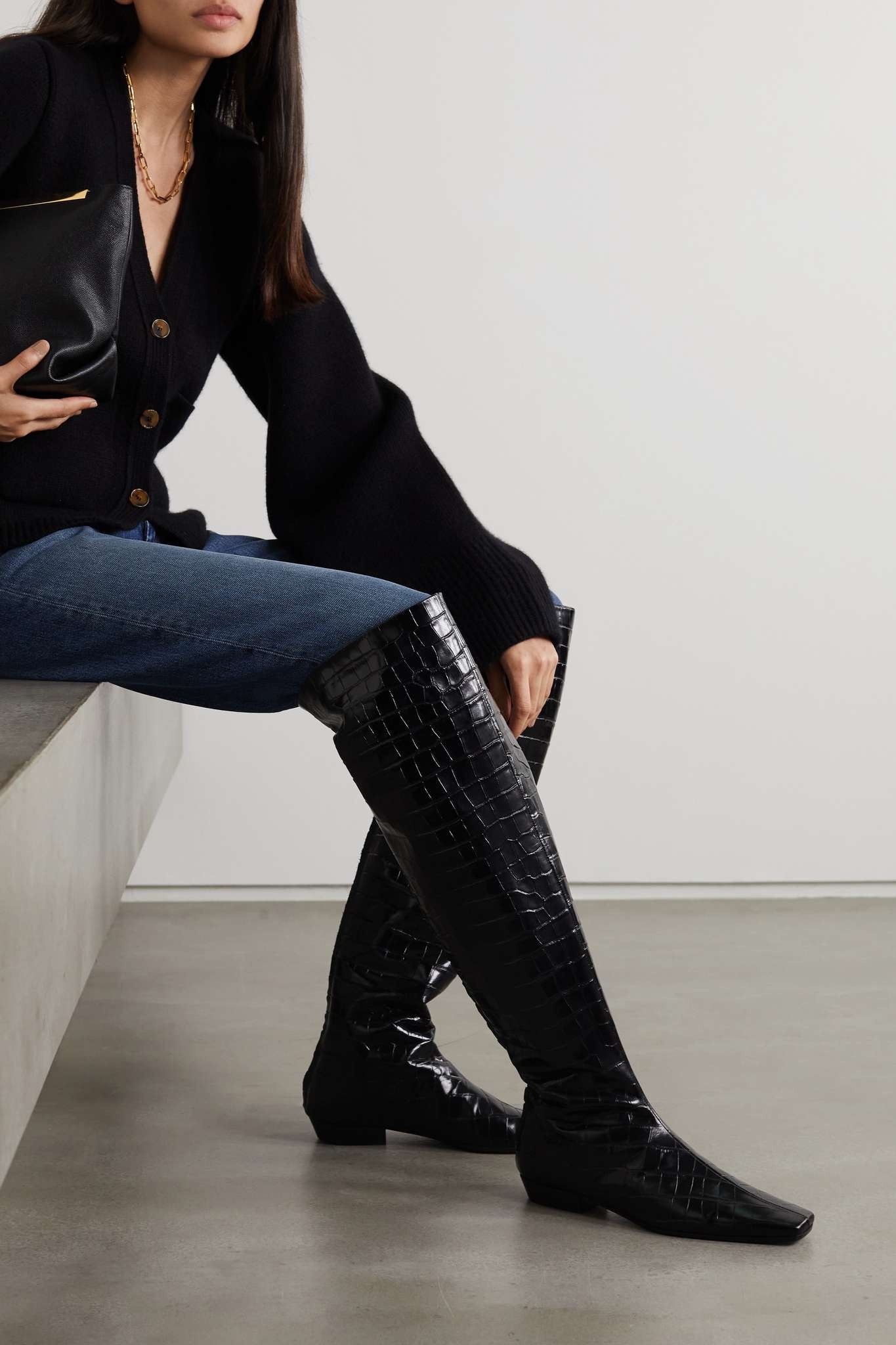 Croc-effect leather over-the-knee boots - 2