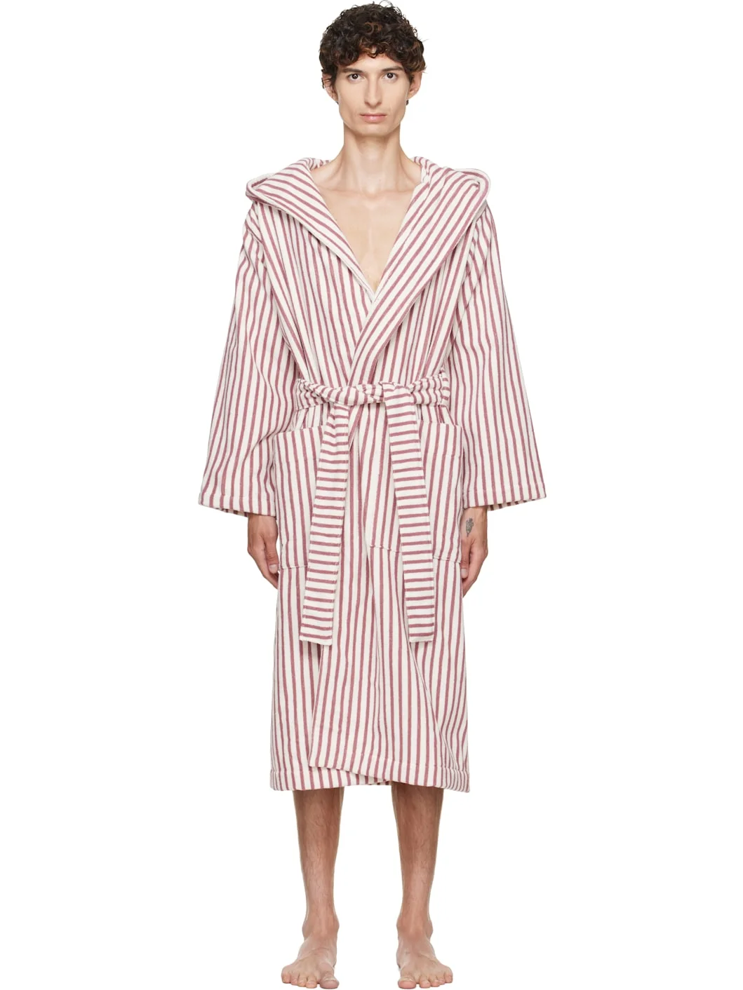 Pink & Off-White Terry Hooded Bathrobe - 1