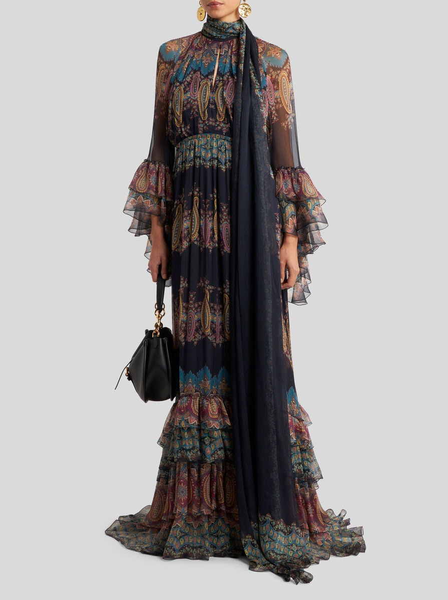LONG SILK DRESS WITH PLACED PRINT - 3