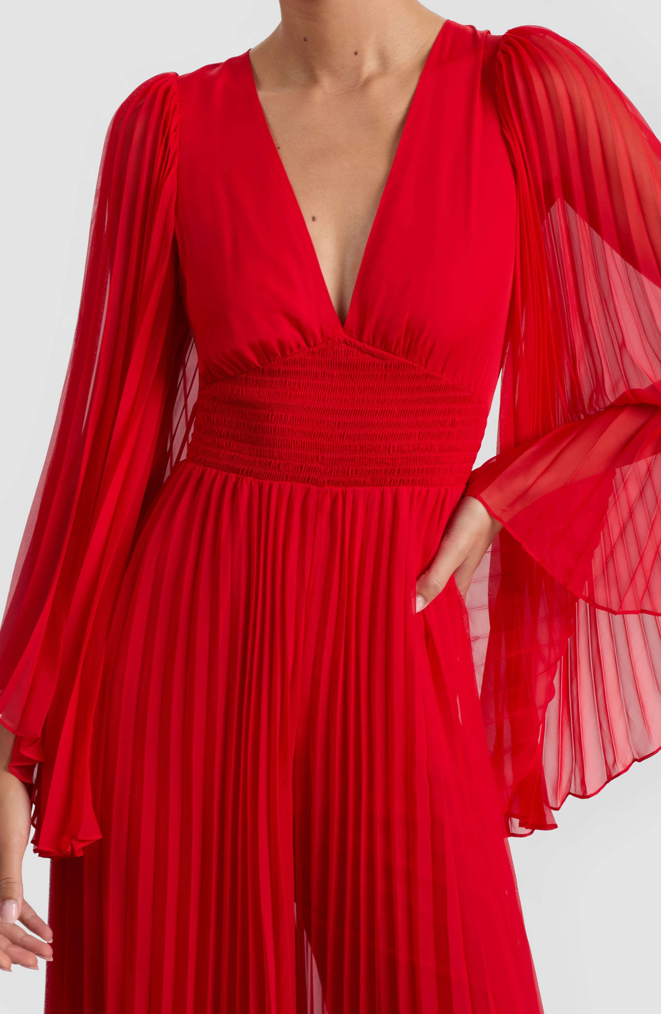 Alice + Olivia Bennet Smocked Pleated Wide Leg Jumpsuit in Bright Ruby at Nordstrom - 4