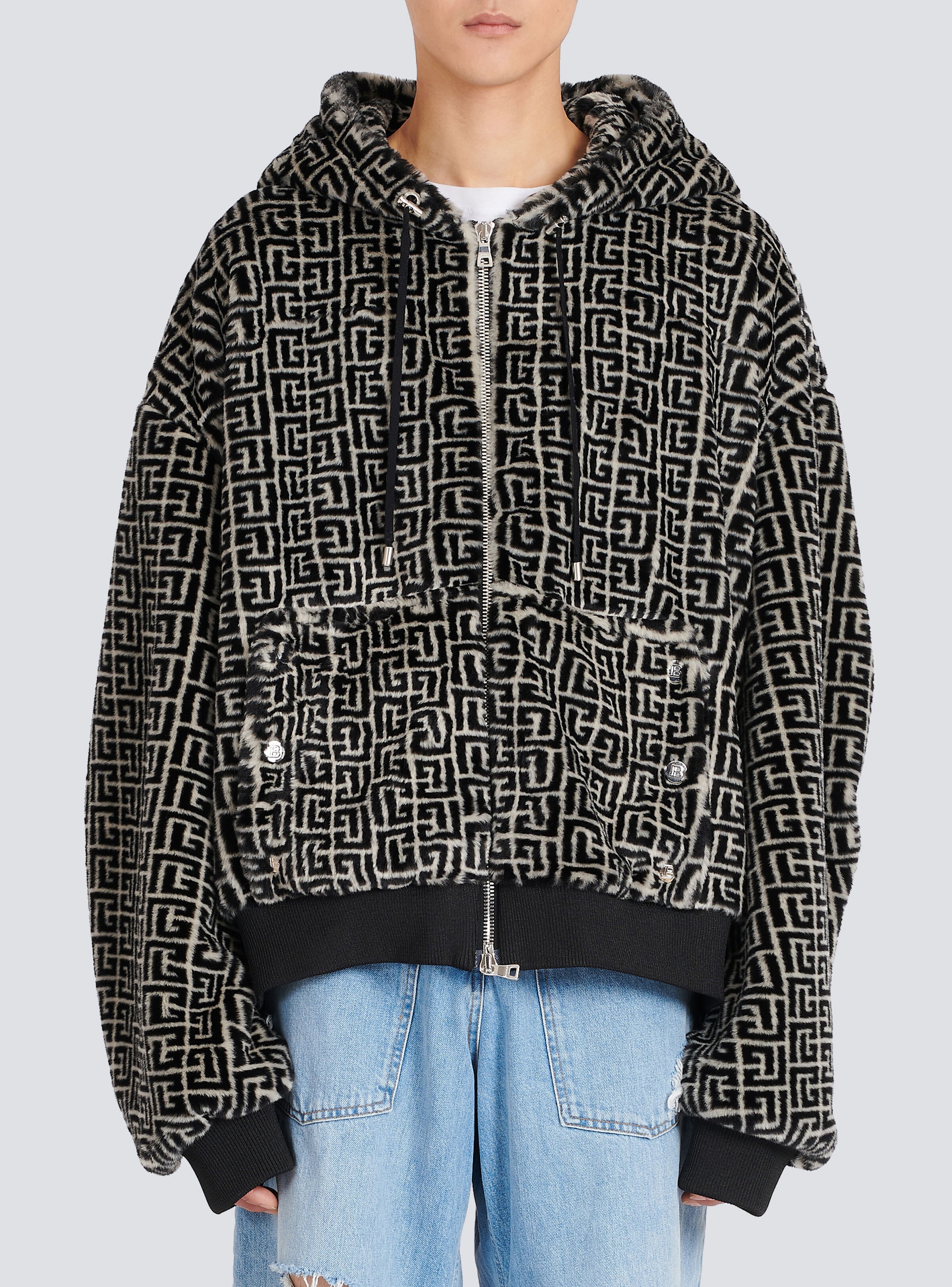 Hooded faux fur sweatshirt with Balmain monogram - 6