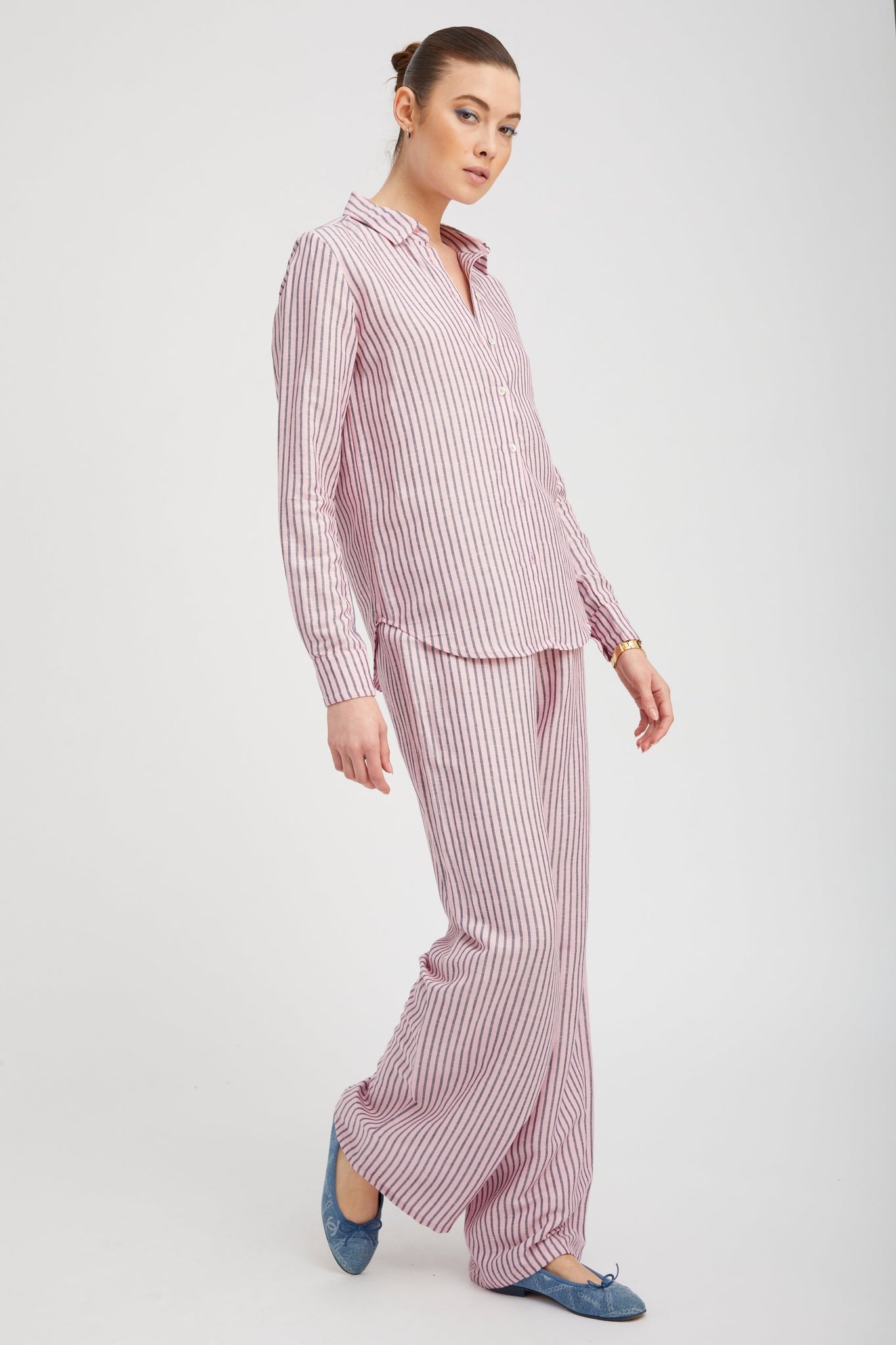 PINK INDIGO STRIPED LINEN EASY PANTS - 3
