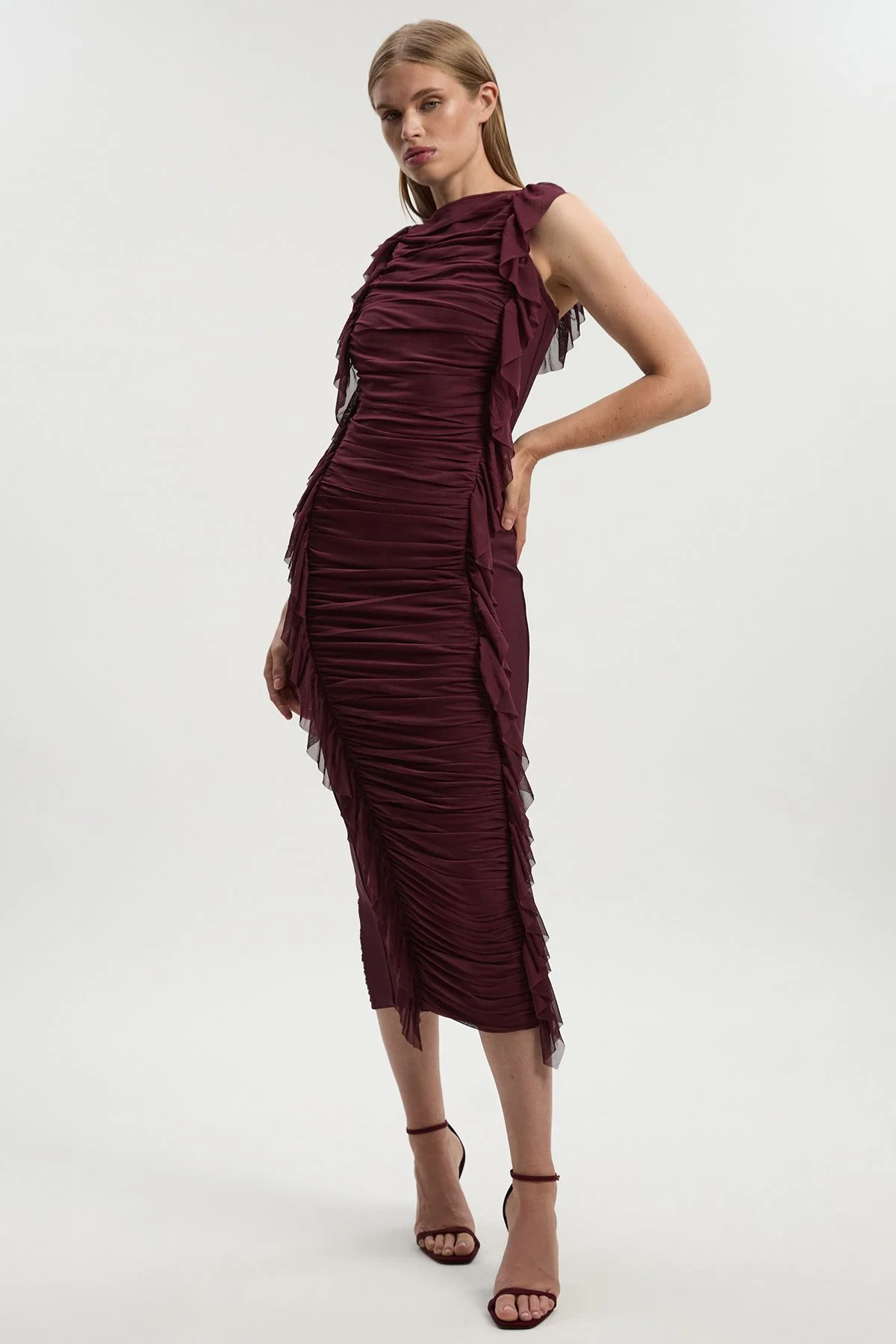 Bandage Mesh Gathered Ruffle Knitted Maxi Dress - 1