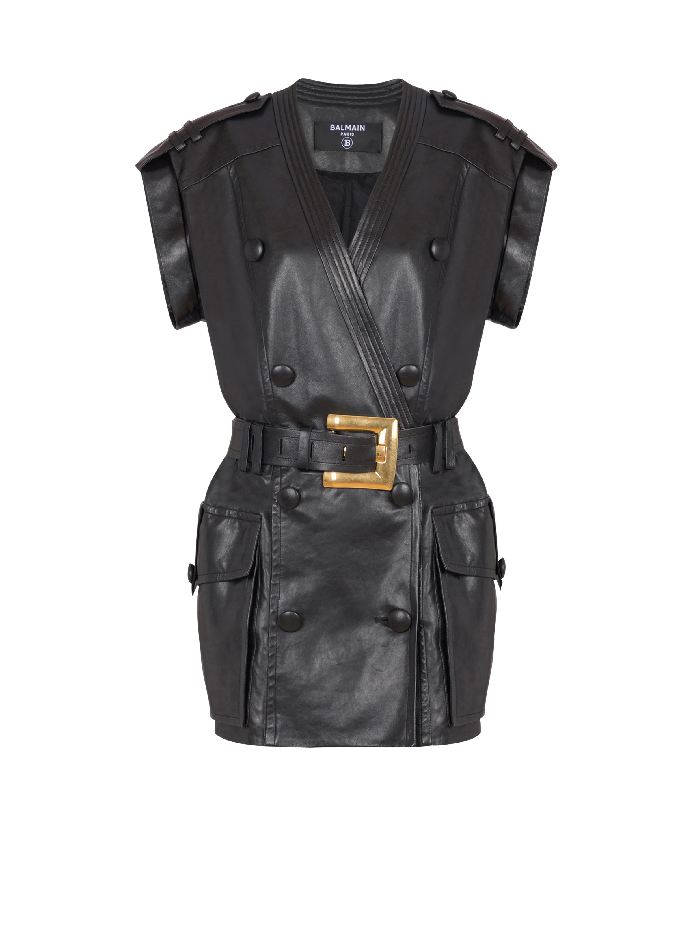 Lambskin leather short belted dress - 1
