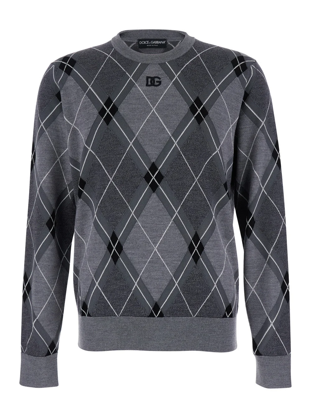 Dolce & Gabbana Men Grey Crew Neck Sweater With Front Logo And Diamond Pattern In Wool Blend Man - 1