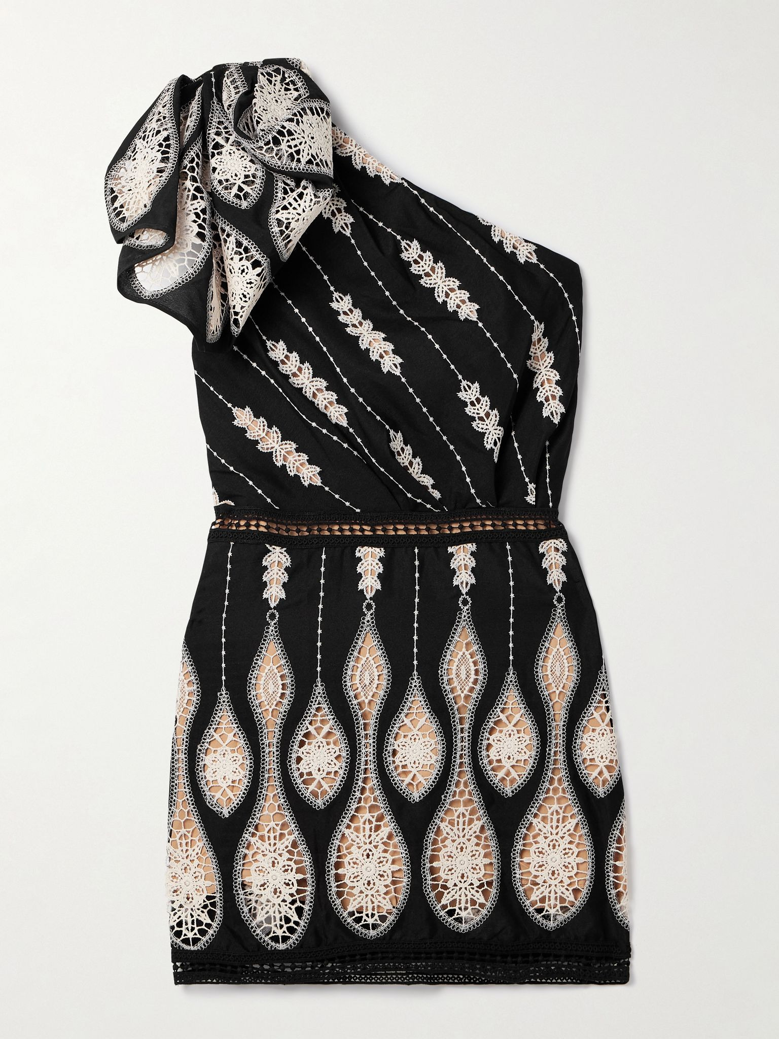 Celestial Matter one-shoulder guipure lace-trimmed voile mini dress Black - 1