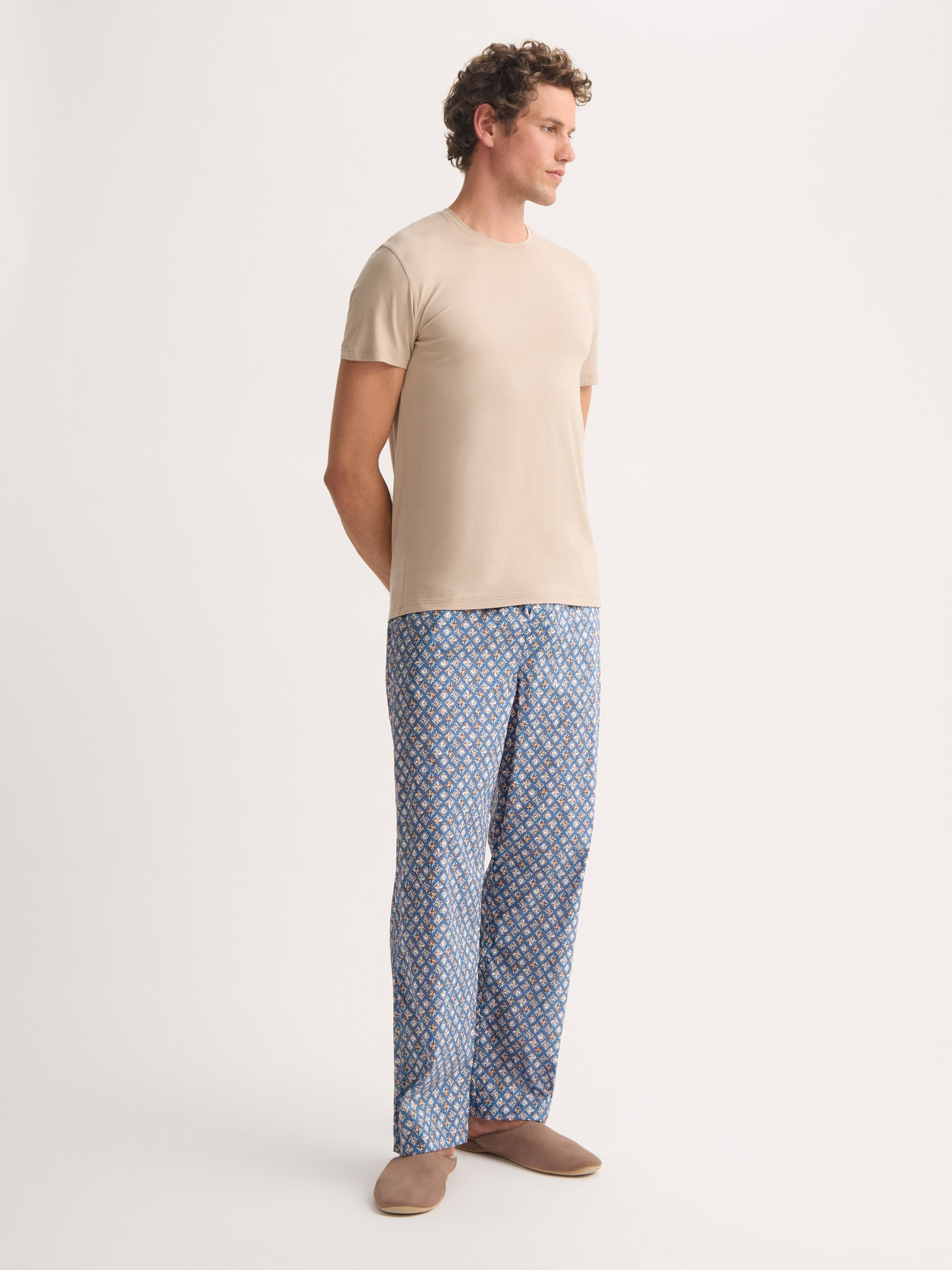 Men's Lounge Pants Cotton Batiste Blue Multicolor Diamond Print - 3