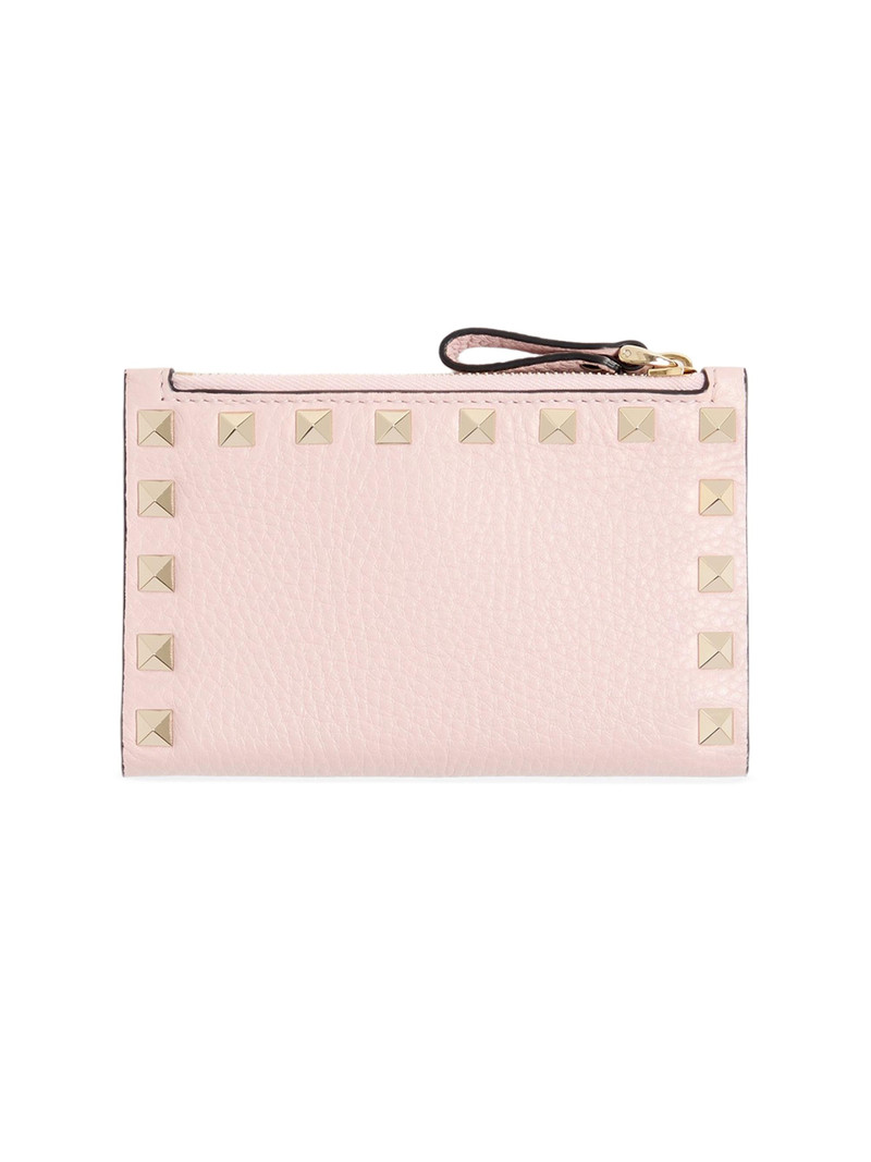 Women's Rockstud Grainy Calfskin Card Holder with Zipper - Pink 4