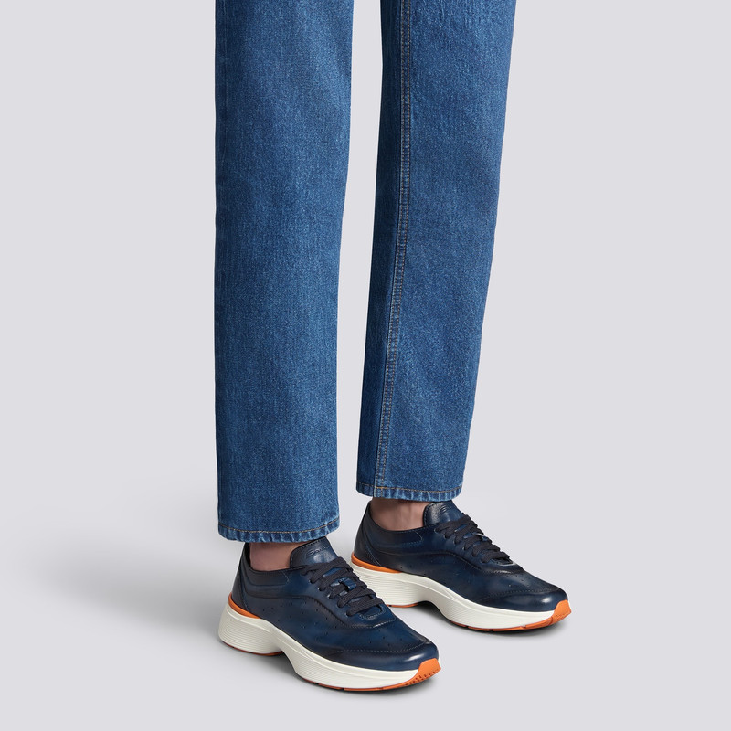 Santoni Men's blue leather Bounce sneaker outlook