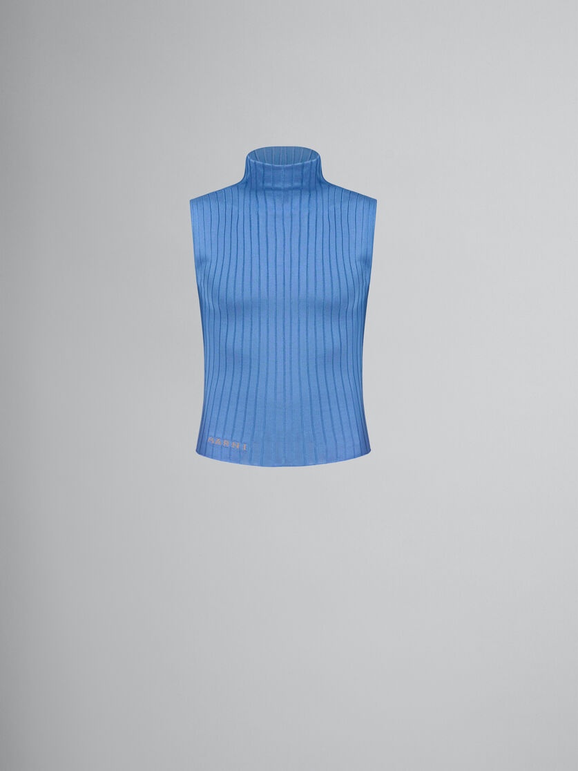 BLUE RIBBED VISCOSE TURTLENECK VEST - 1
