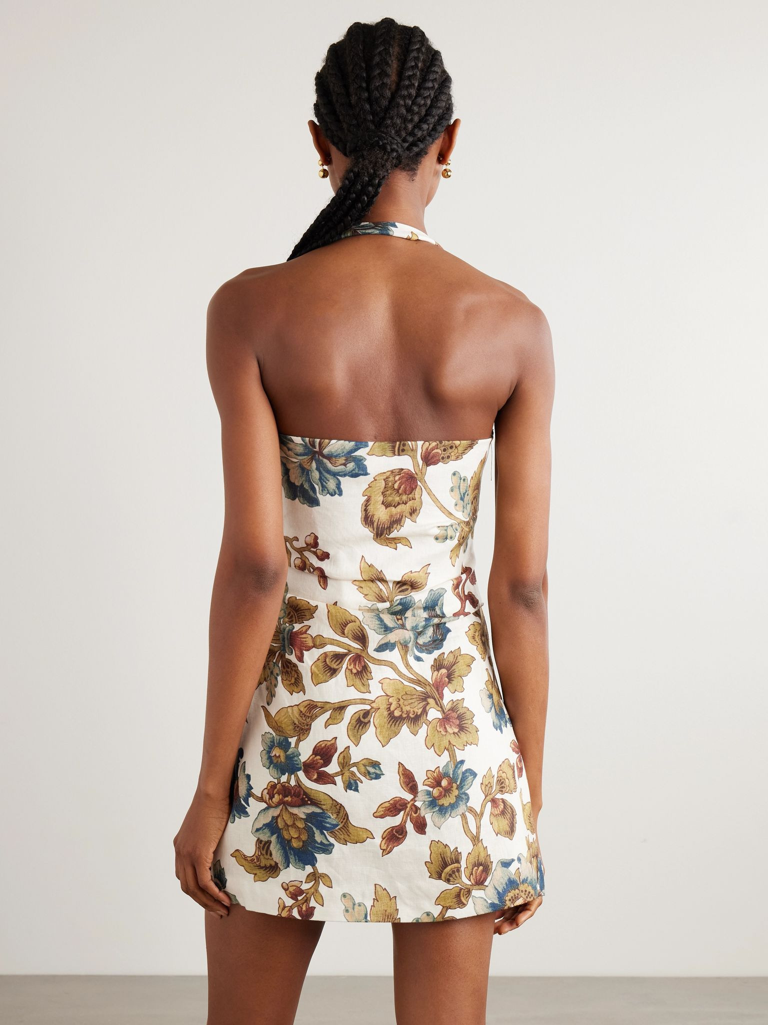 Floral-print linen halterneck mini dress Ecru - 3