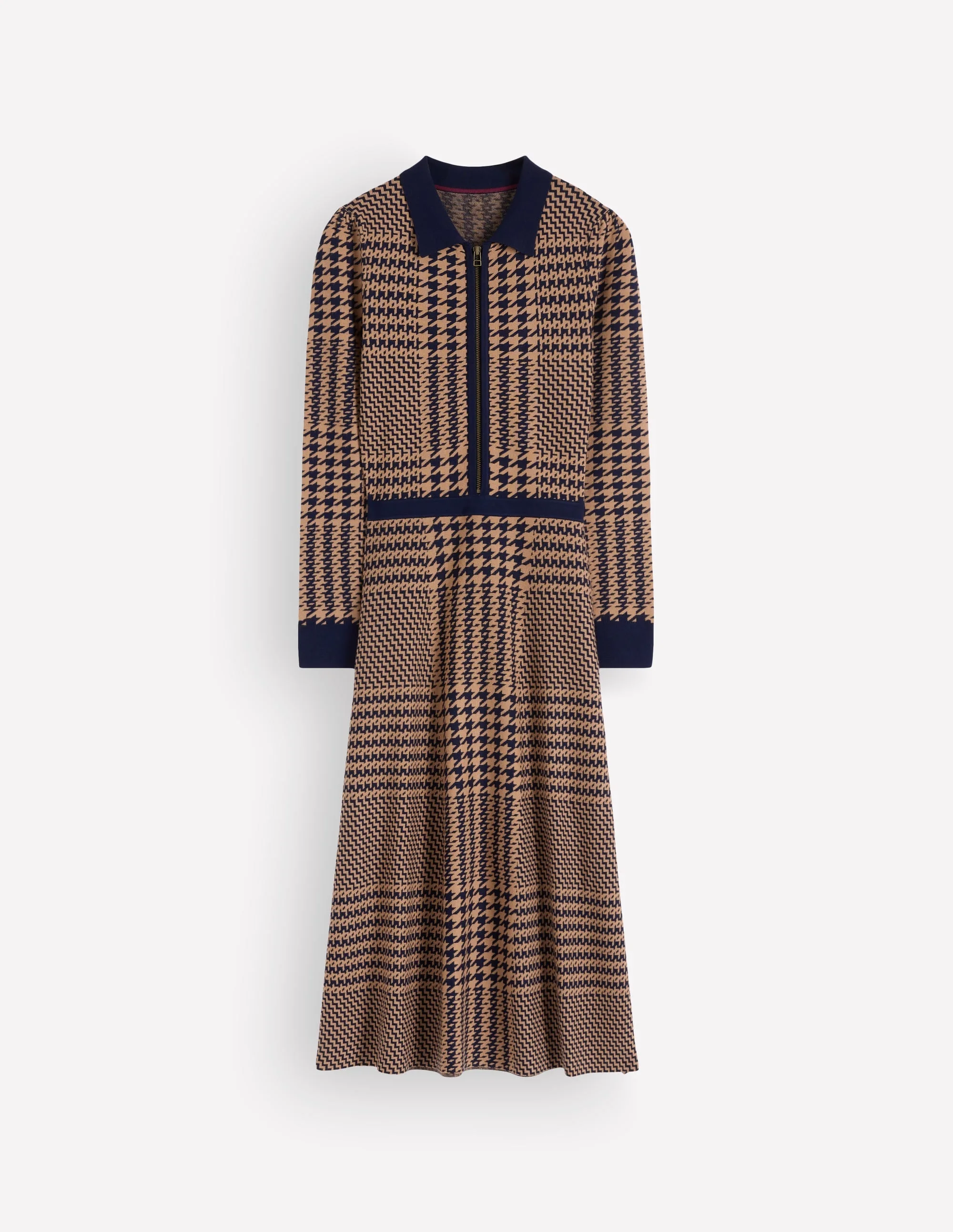 Fiona Zip Front Knitted Dress-Camel and Navy Check - 1