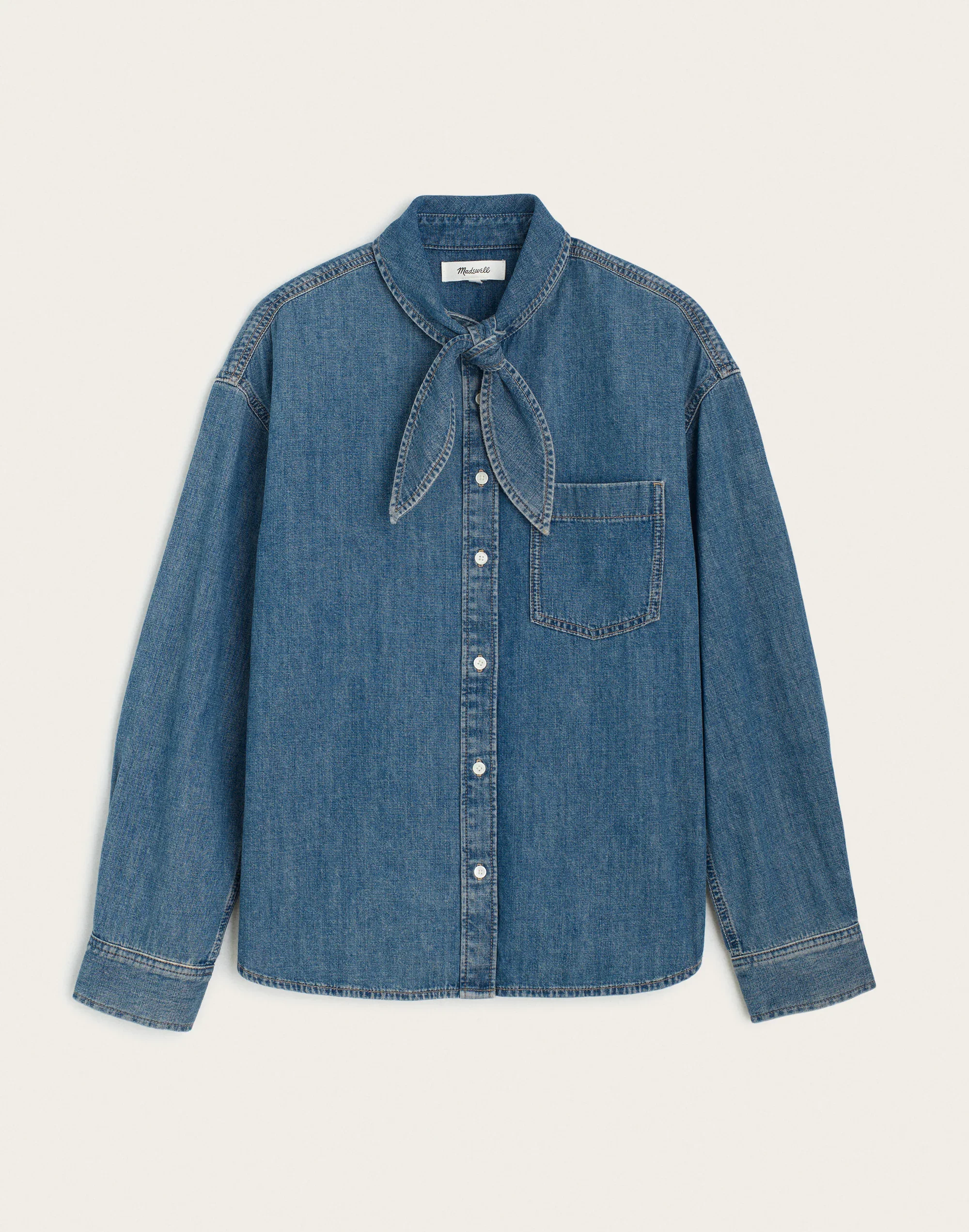 Denim Tie-Neck Oversized Shirt - 1