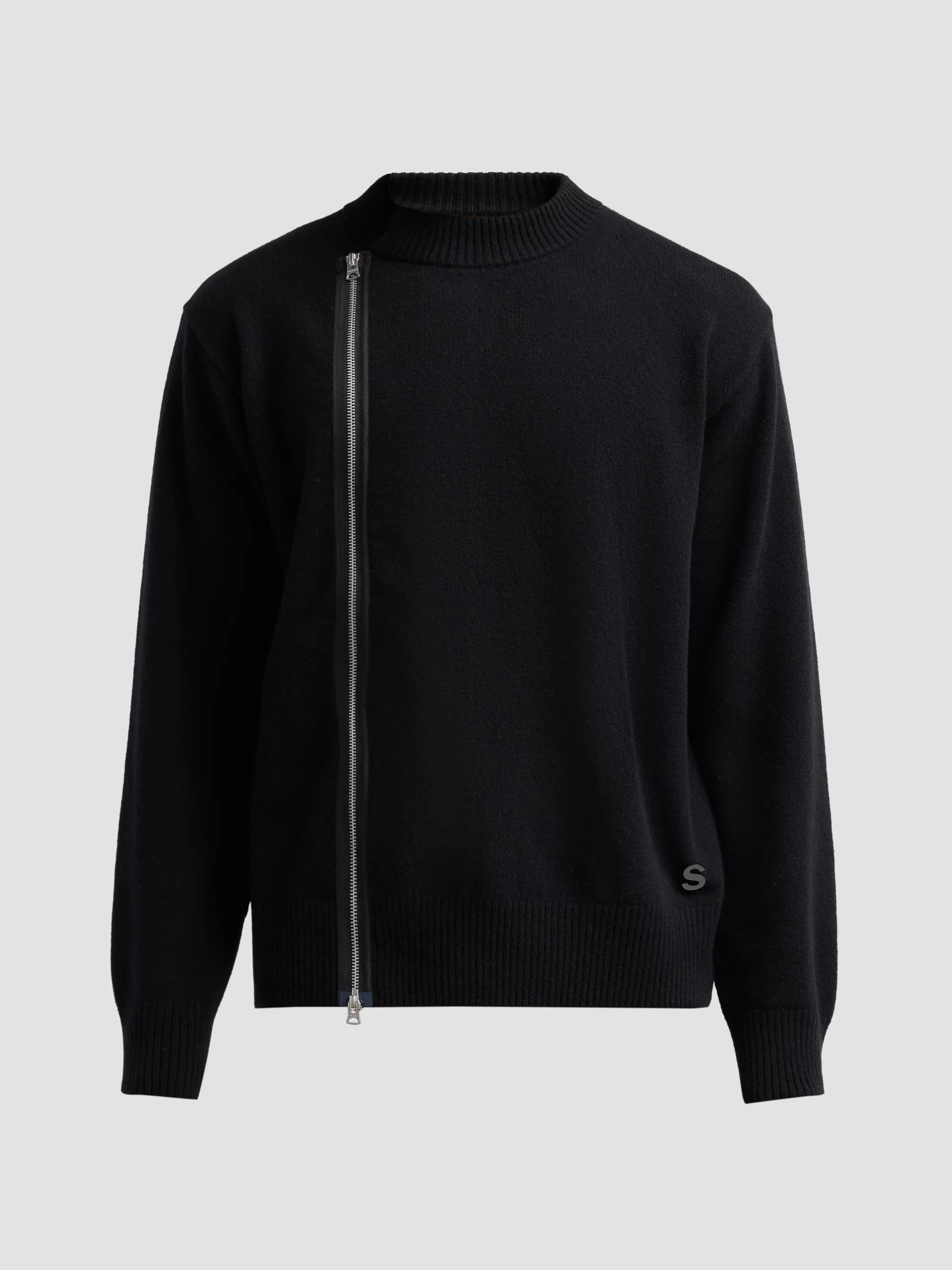 Men's Asymmetric Zip Wool Knit Sweater - Black - 1