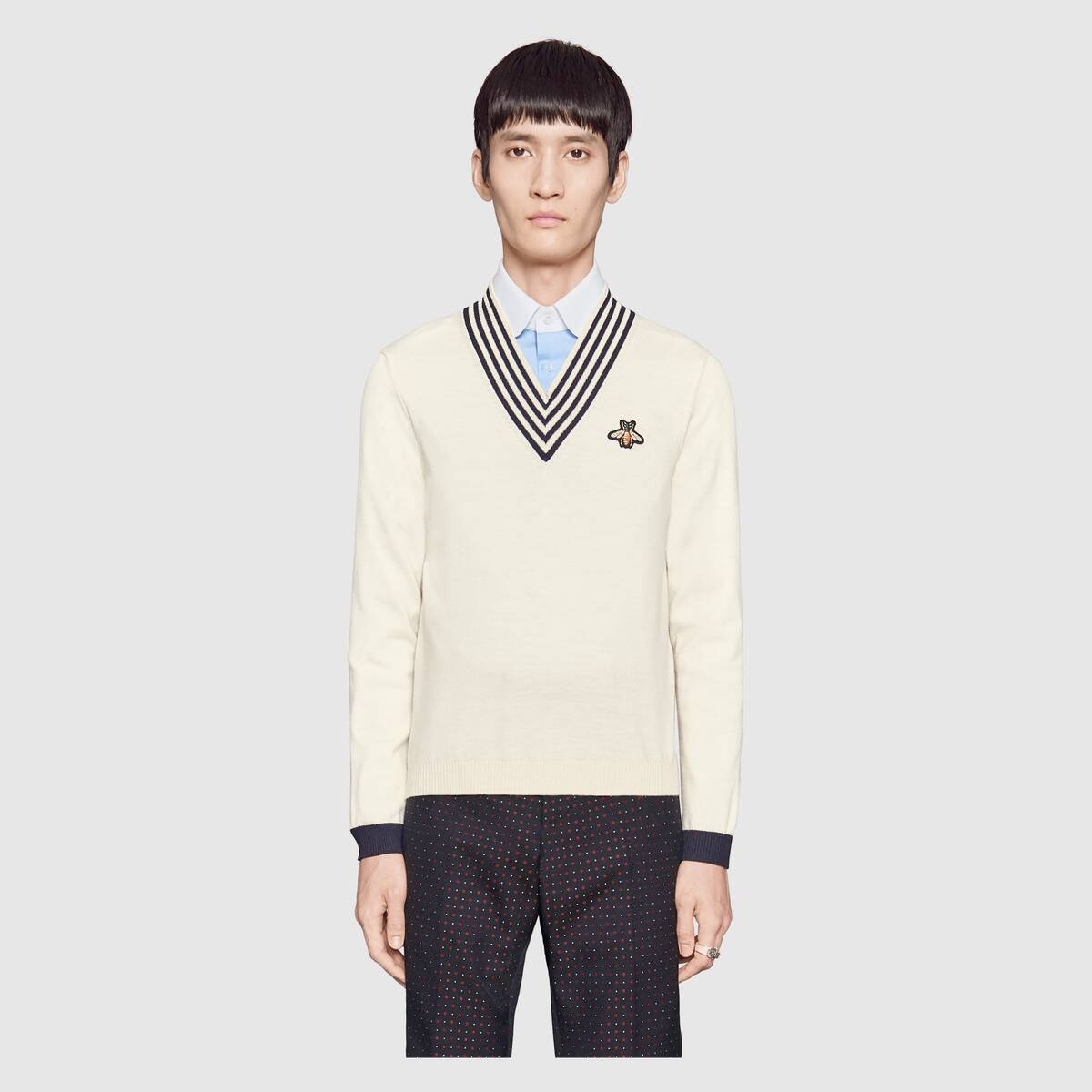 V-neck wool knit with bee - 3