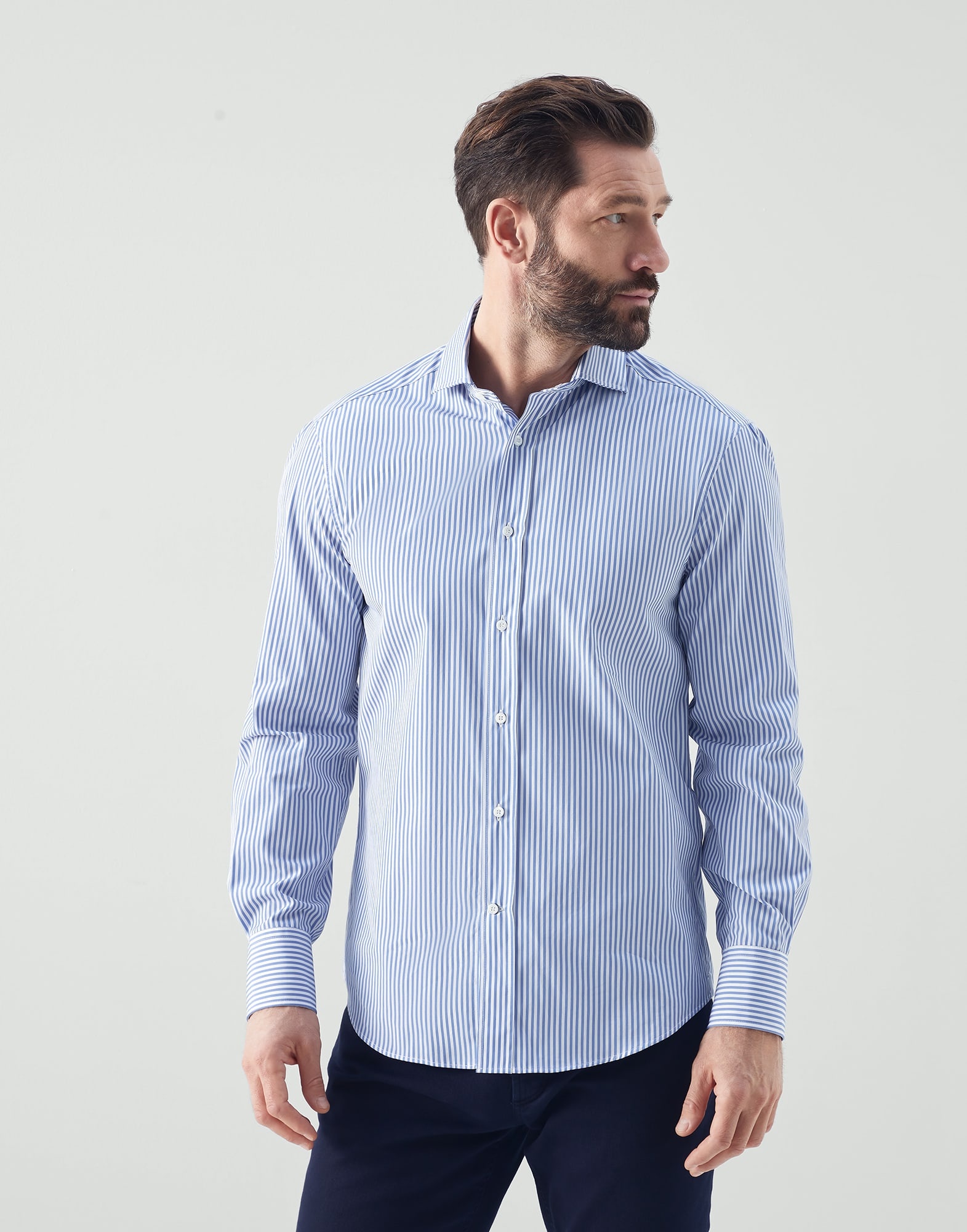 Striped poplin slim fit shirt with spread collar