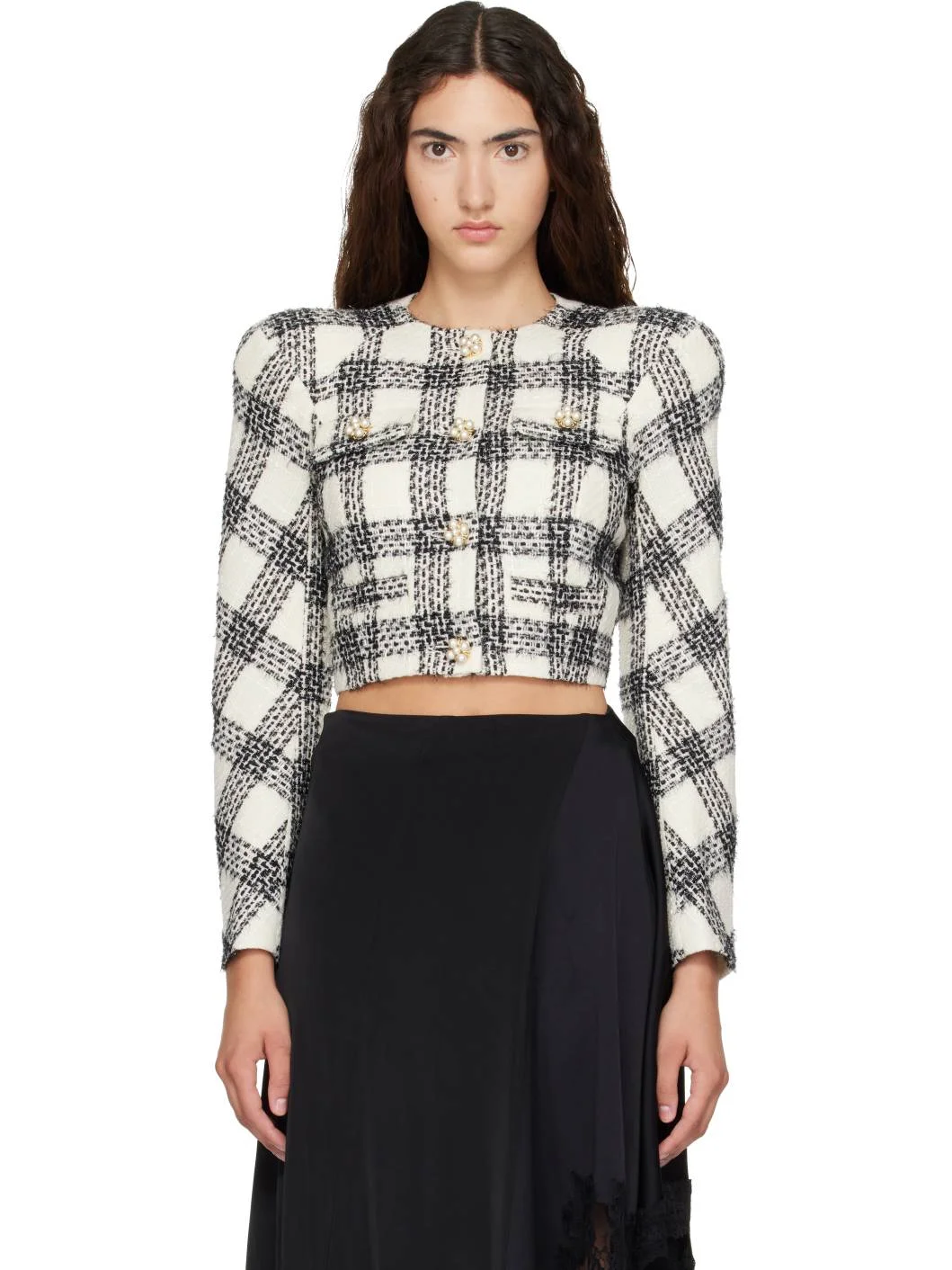 White & Black Round Shoulder Tweed Jacket - 1