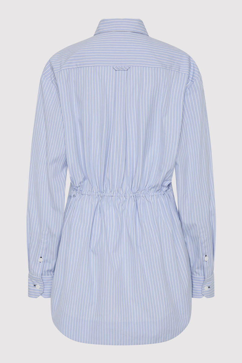 Drawstring Mini Shirt Dress - Pale Blue Stripe - 10