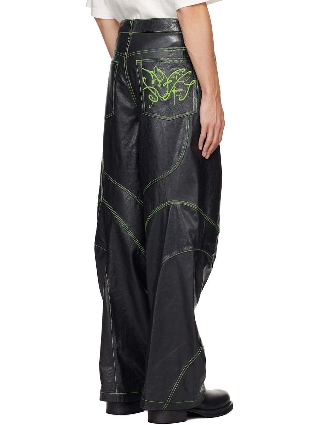 Gray Embroidered Leather Pants - 3