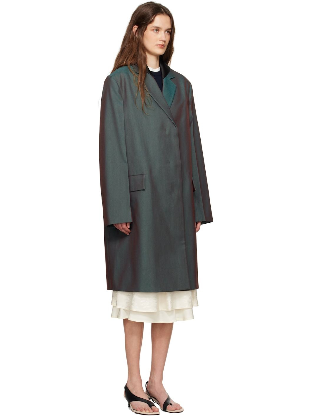 Green & Purple Detachable Contrast Collar Coat - 2