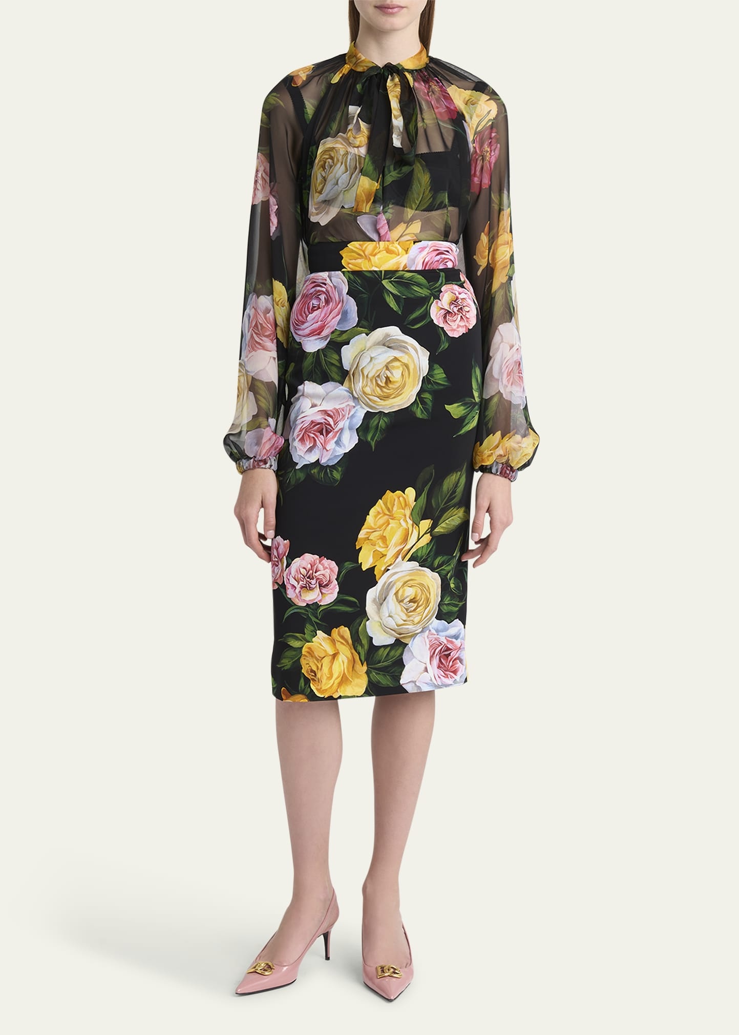 Rose Tie-Neck Chiffon Cropped Blouse - 2
