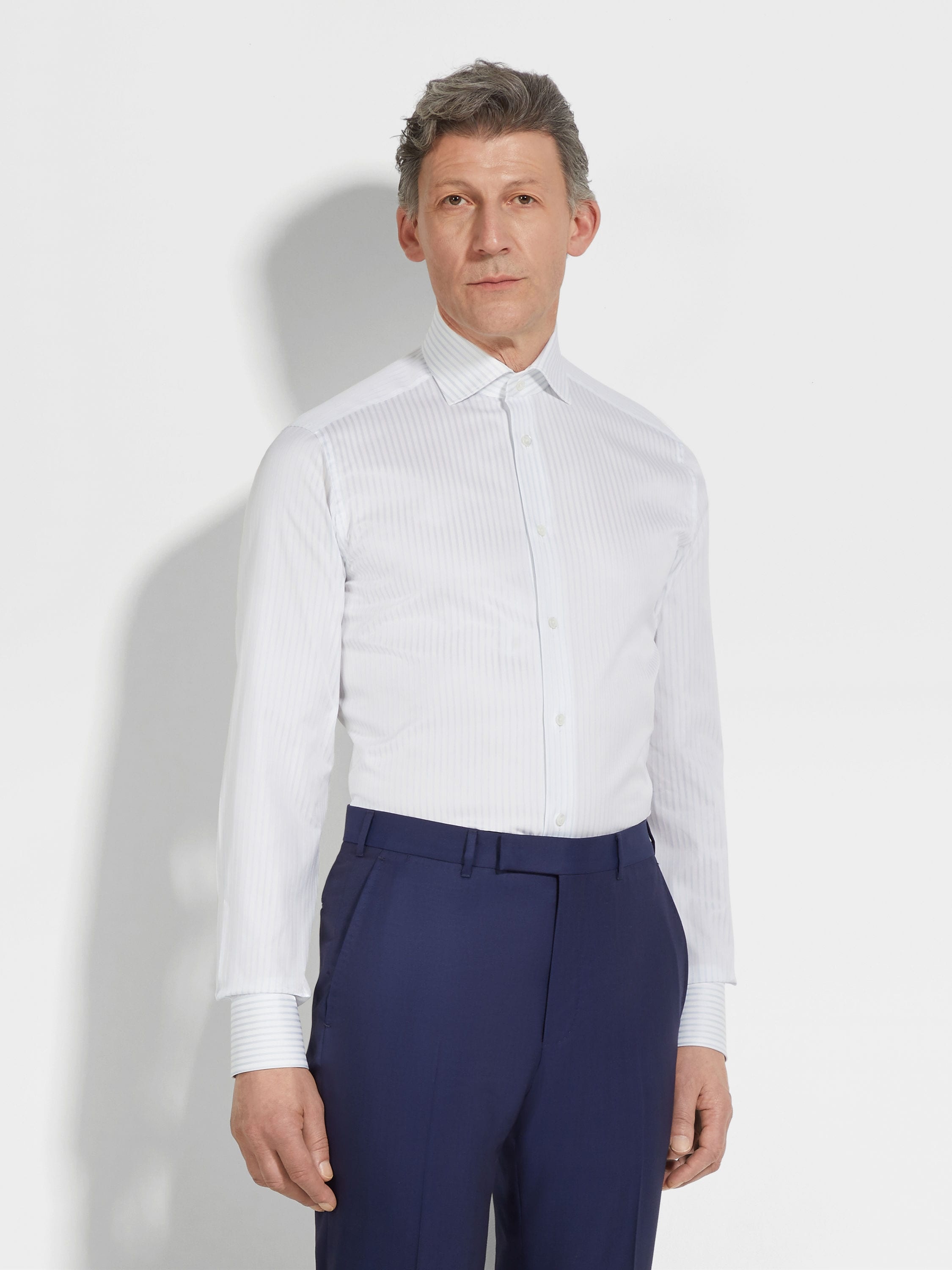 WHITE AND LIGHT GREY STRUCTURED STRIPED CENTOVENTIMILA COTTON SHIRT - 3