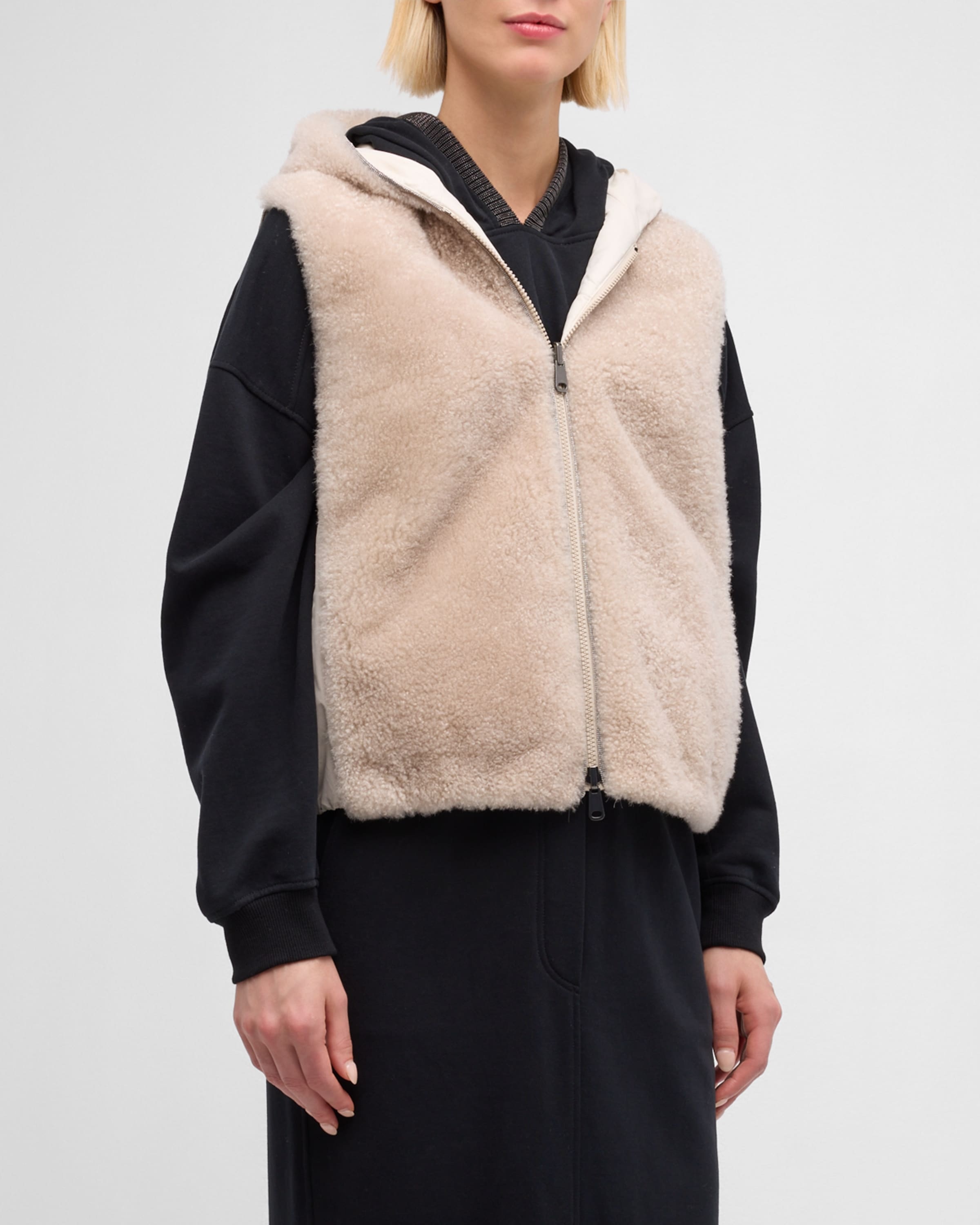 Cashmere Teddy Effect Reversible Hooded Vest - 2