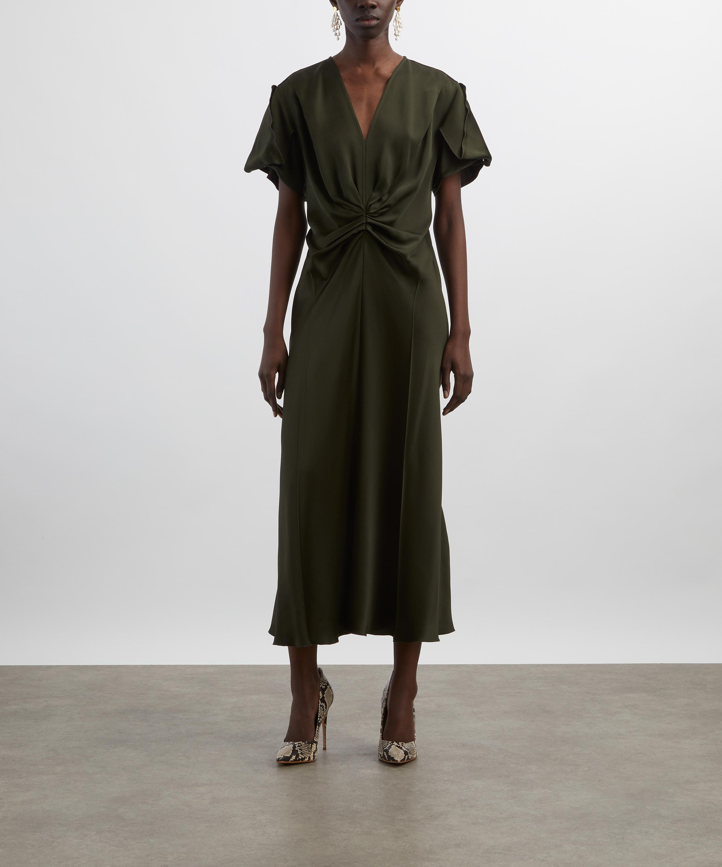 Dark Olive Gathered V-Neck Midi Dress - 3