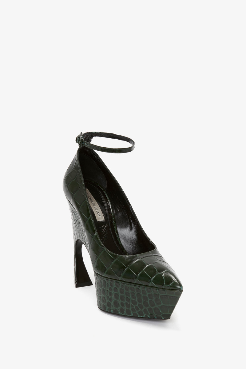 Victoria Beckham Ankle Strap Wedge Pump In Dark Green Croc-Effect Leather outlook