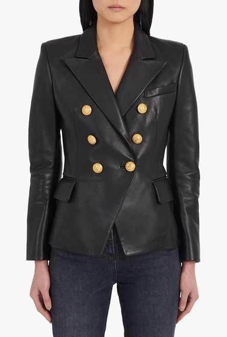 Black double-breasted leather blazer - 5