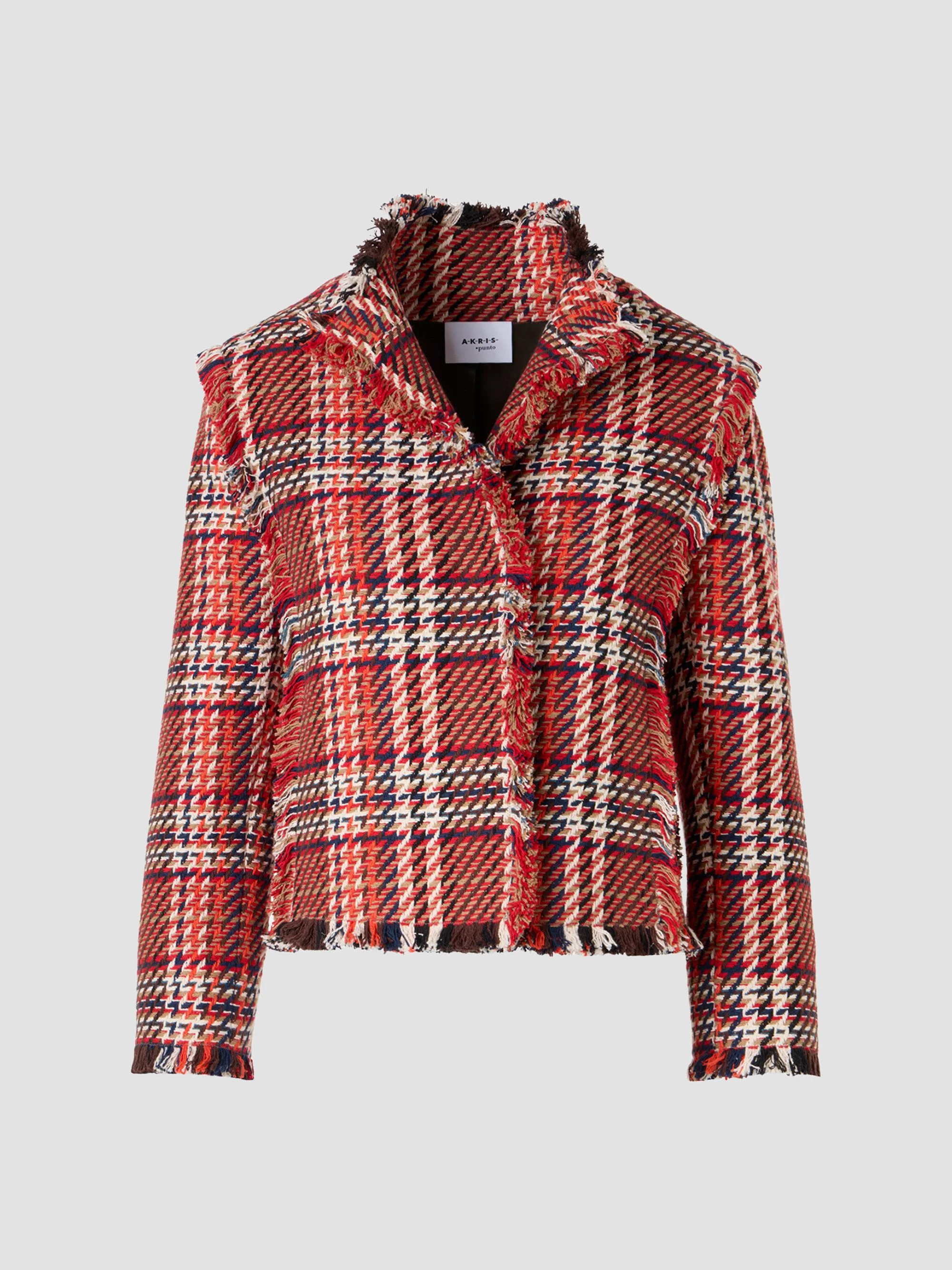 Women's Plaid Cotton-Blend Tweed Jacket - Red Multicolor - 1
