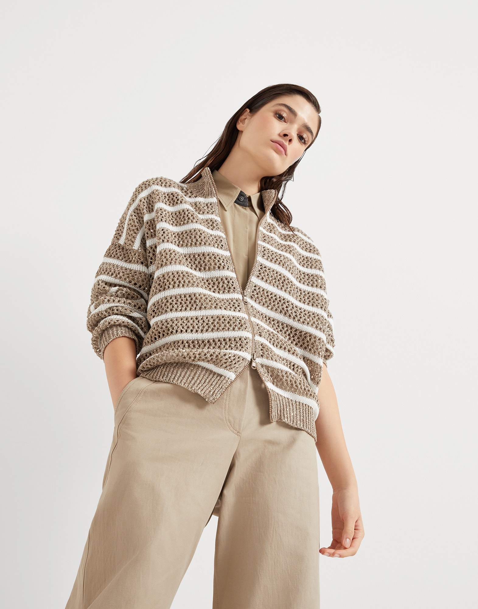 Linen dazzling striped net cardigan - 4