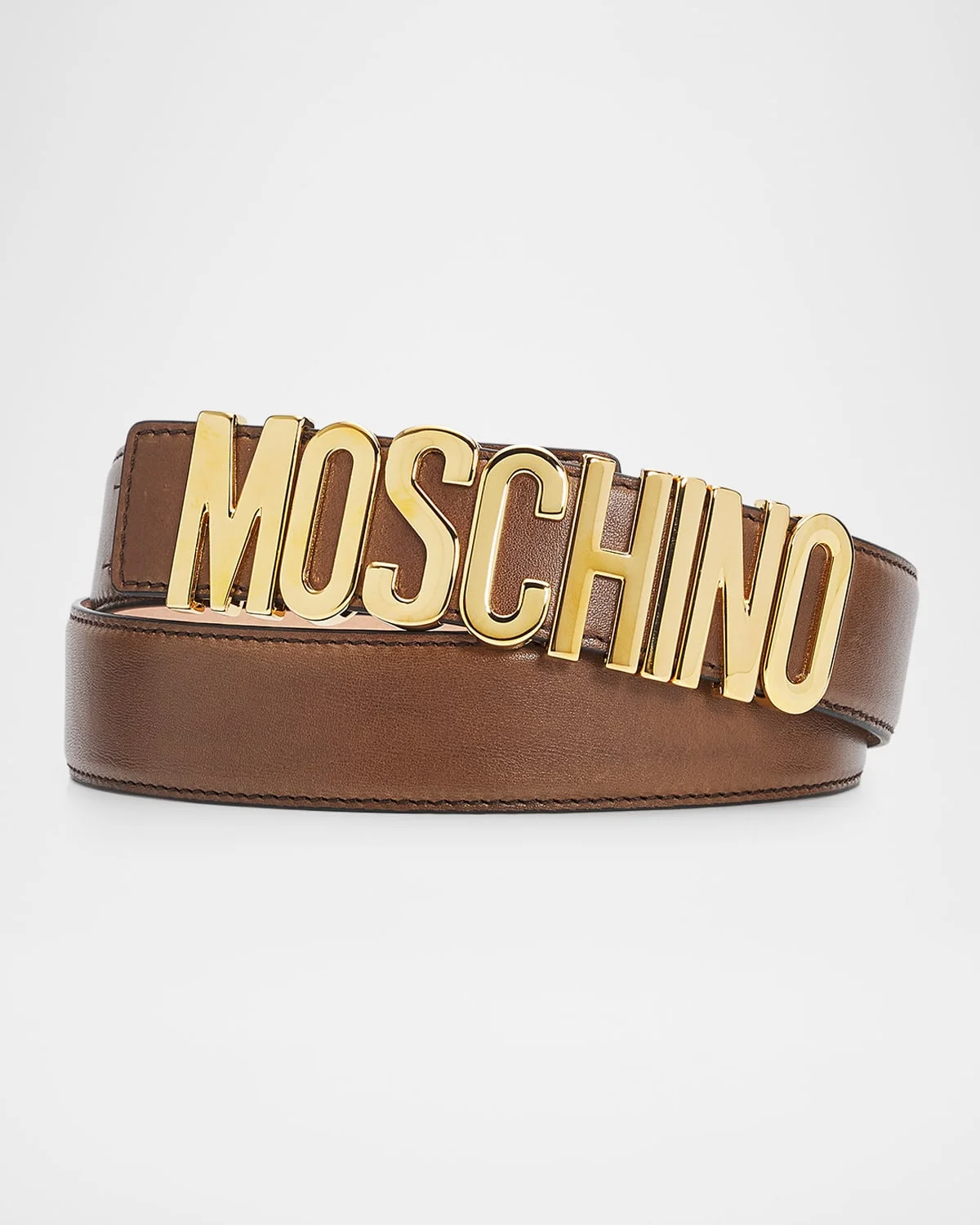 Men's Lettering Logo Leather Belt, Chocolate - 1