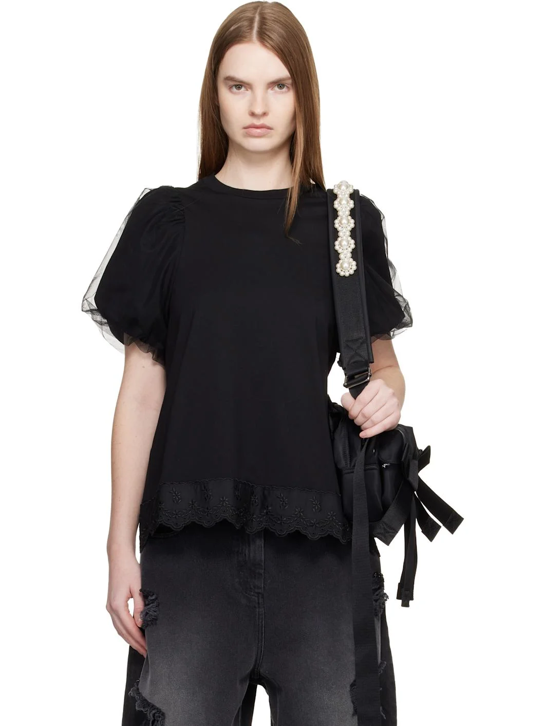 Black Tulle Overlay Puff Sleeve Lace Trim T-shirt - 1