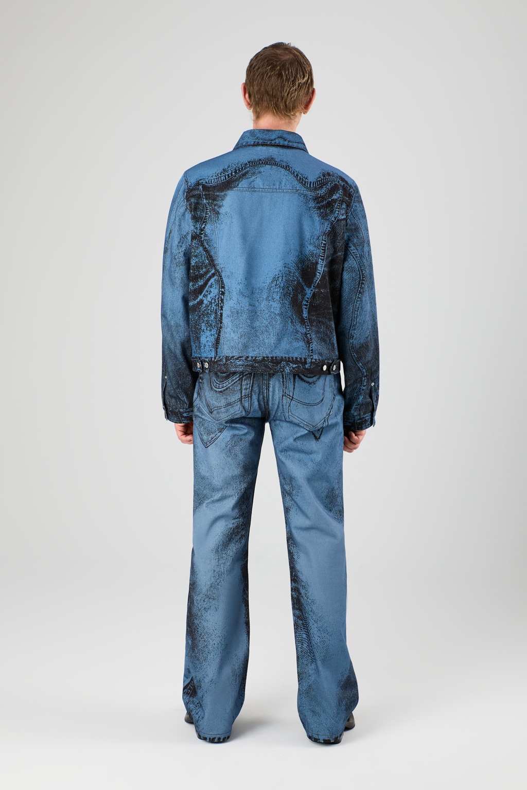 Dark Blue-Black Distorted Print Denim Jacket - 5
