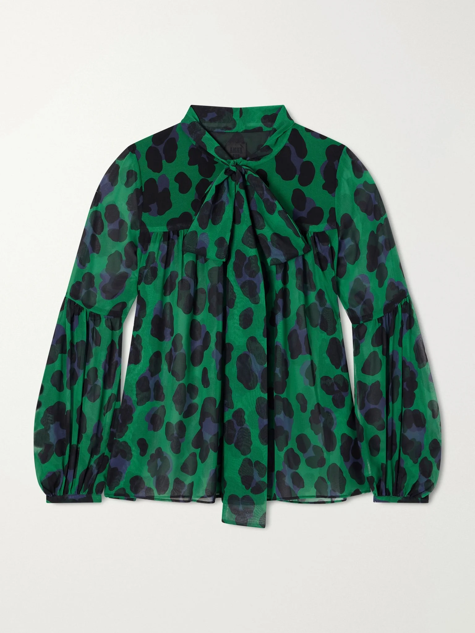 Knotted gathered leopard-print georgette blouse Emerald - 1