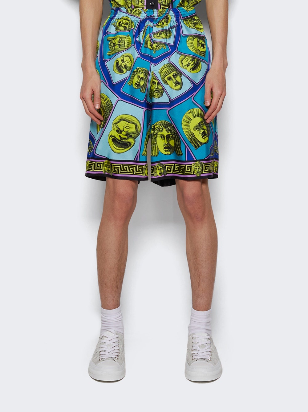Twill Silk Mask Print Shorts Acid Green and Teal - 3