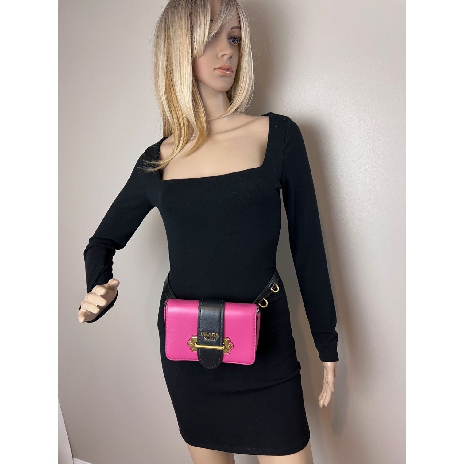 Prada City Calf Cahier Pink Black Leather Crossbody Belt Bag - 11