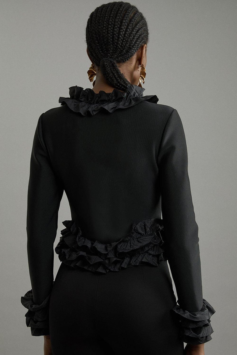 Figure Form Bandage Knit Jacket With Woven Ruffle Trim 3
