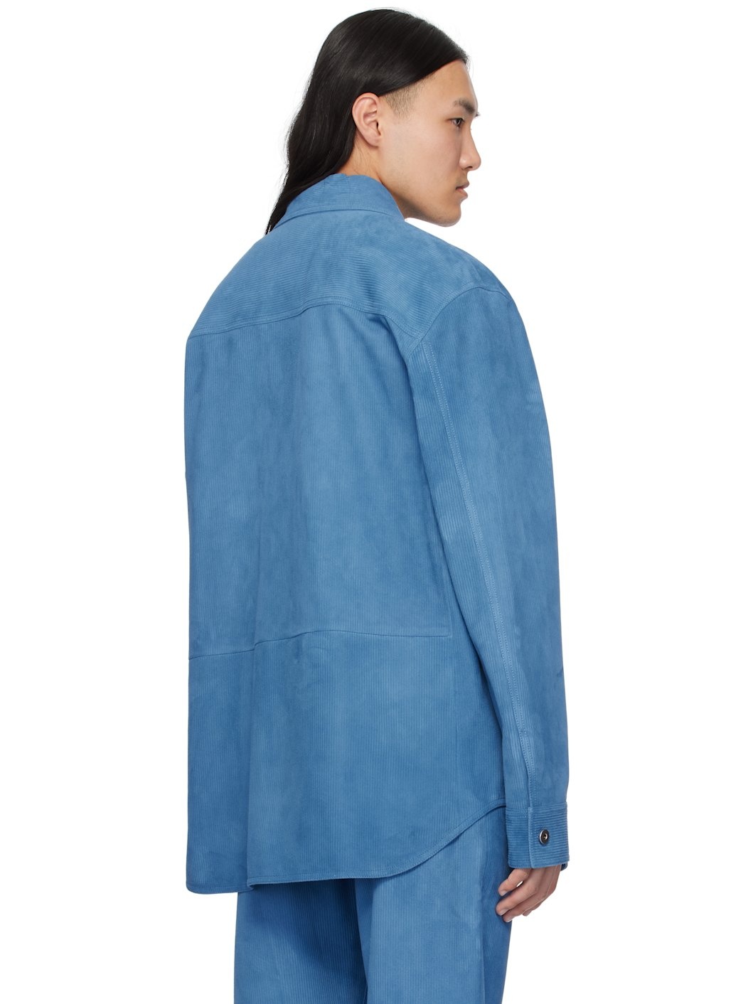 Blue Embossed Corduroy Suede Shirt - 3