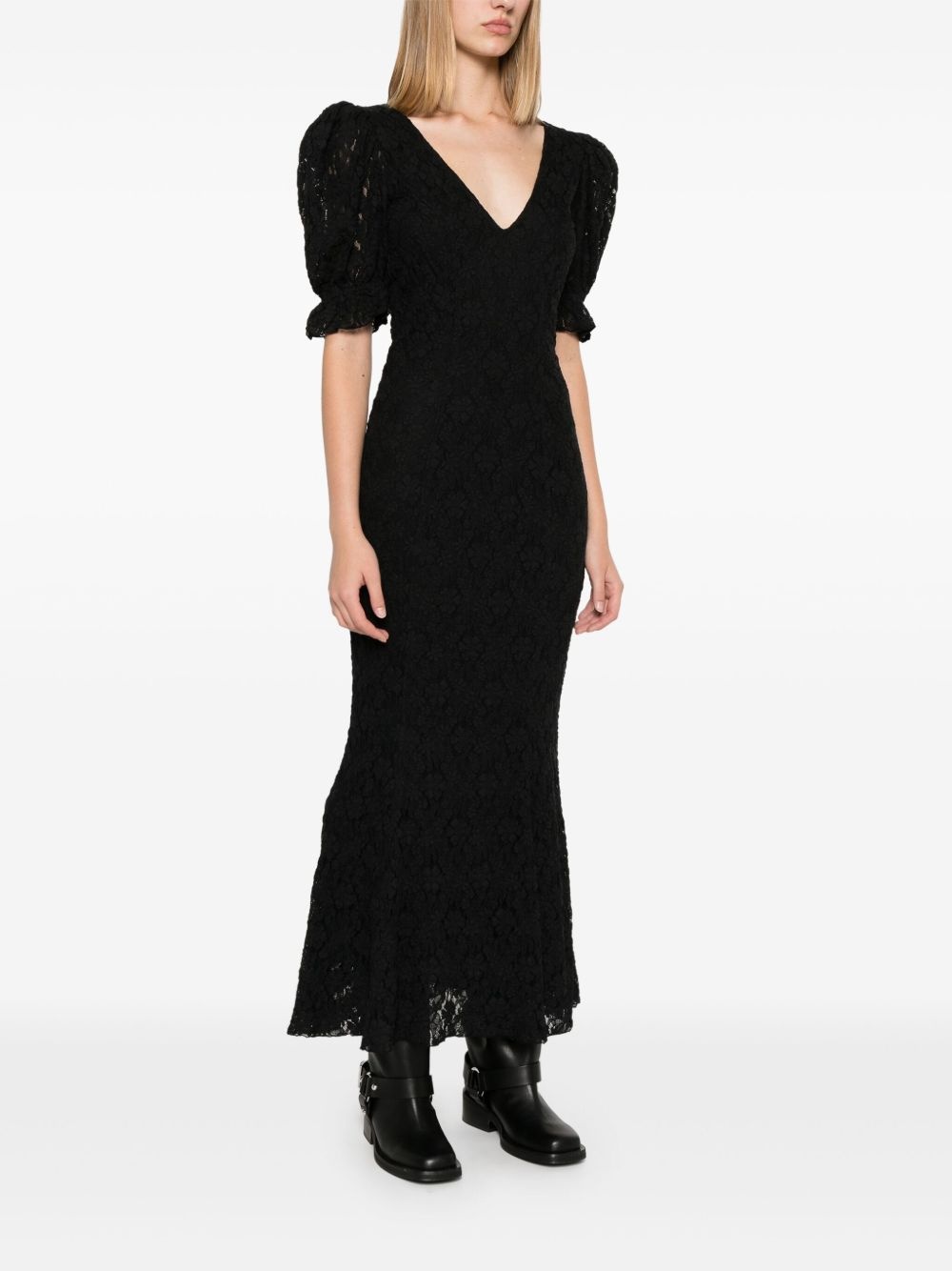lace puff-sleeves maxi dress - 3