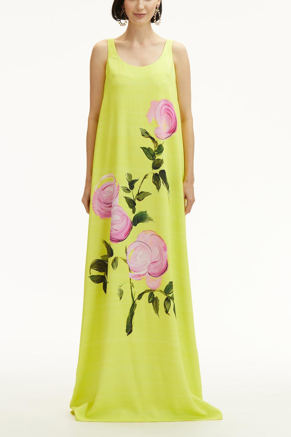 Sleeveless Scoop Neck Painted Roses Dress - 3