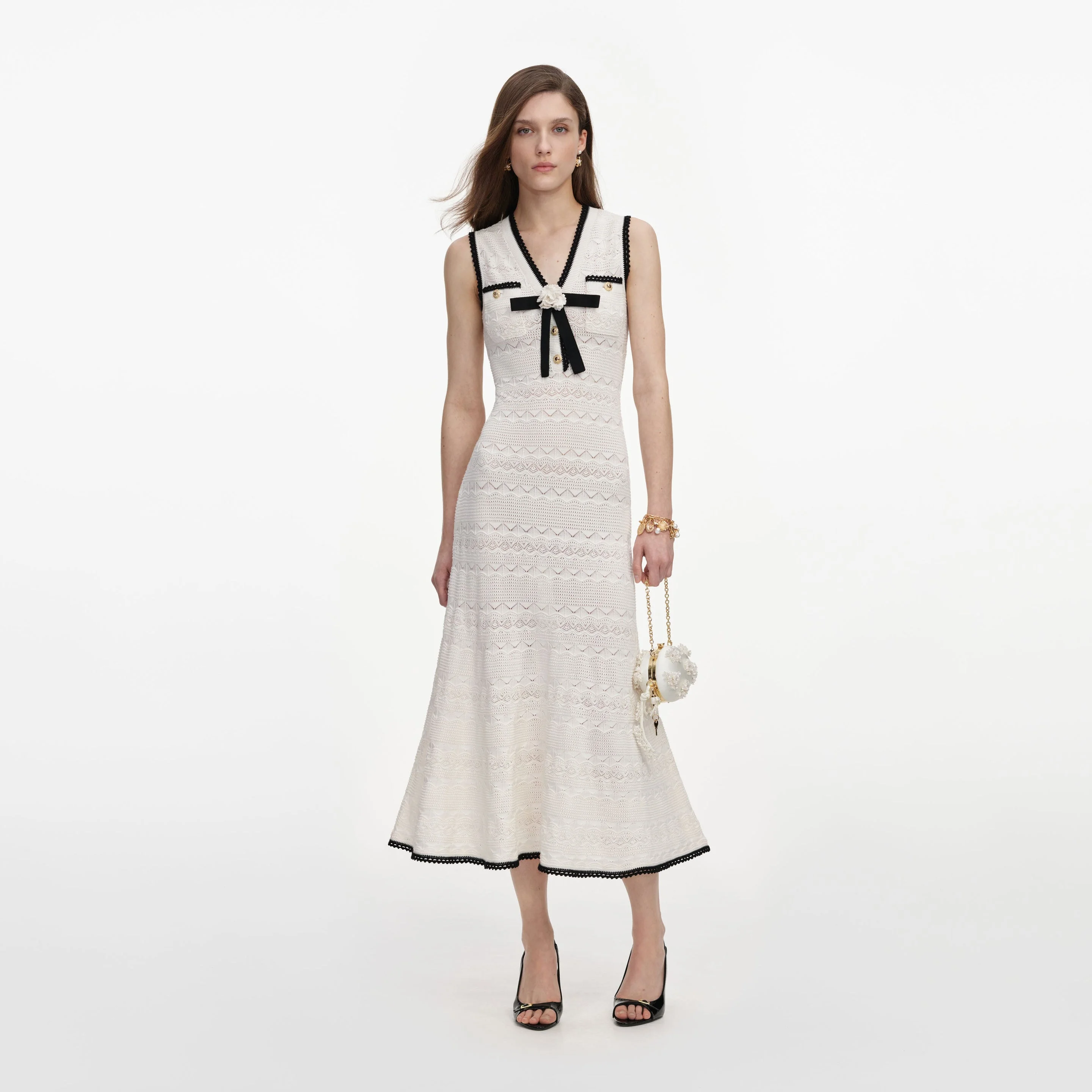 White Pointelle Knit Midi Dress - 1