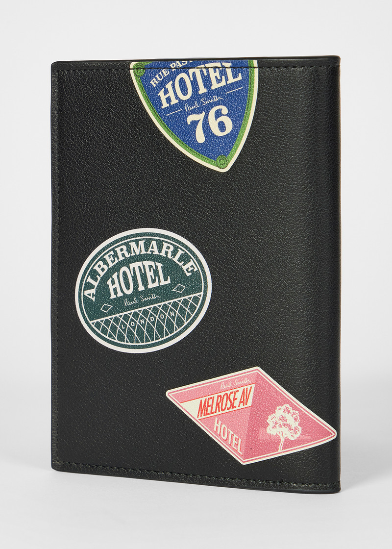 Paul Smith Black 'Hotel Stickers' Leather Passport Holder outlook